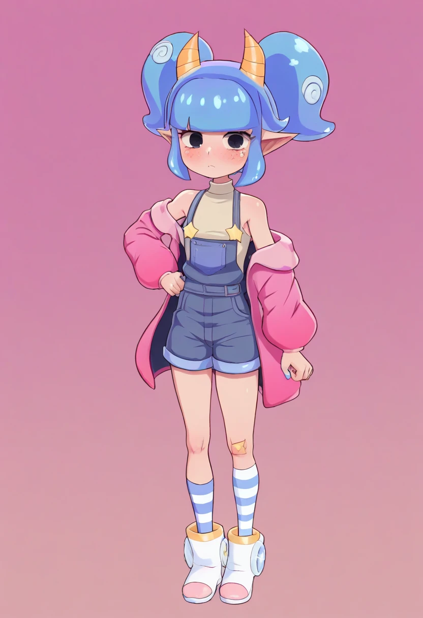best quality, amazing quality, very aesthetic, absurdres, 1girl, hackerling, twintails, blue hair, yellow horns, black eyes, off shoulder, short overalls, pink jacket, sleeveless shirt, asymmetric socks, striped socks, white shoes, turtleneck,