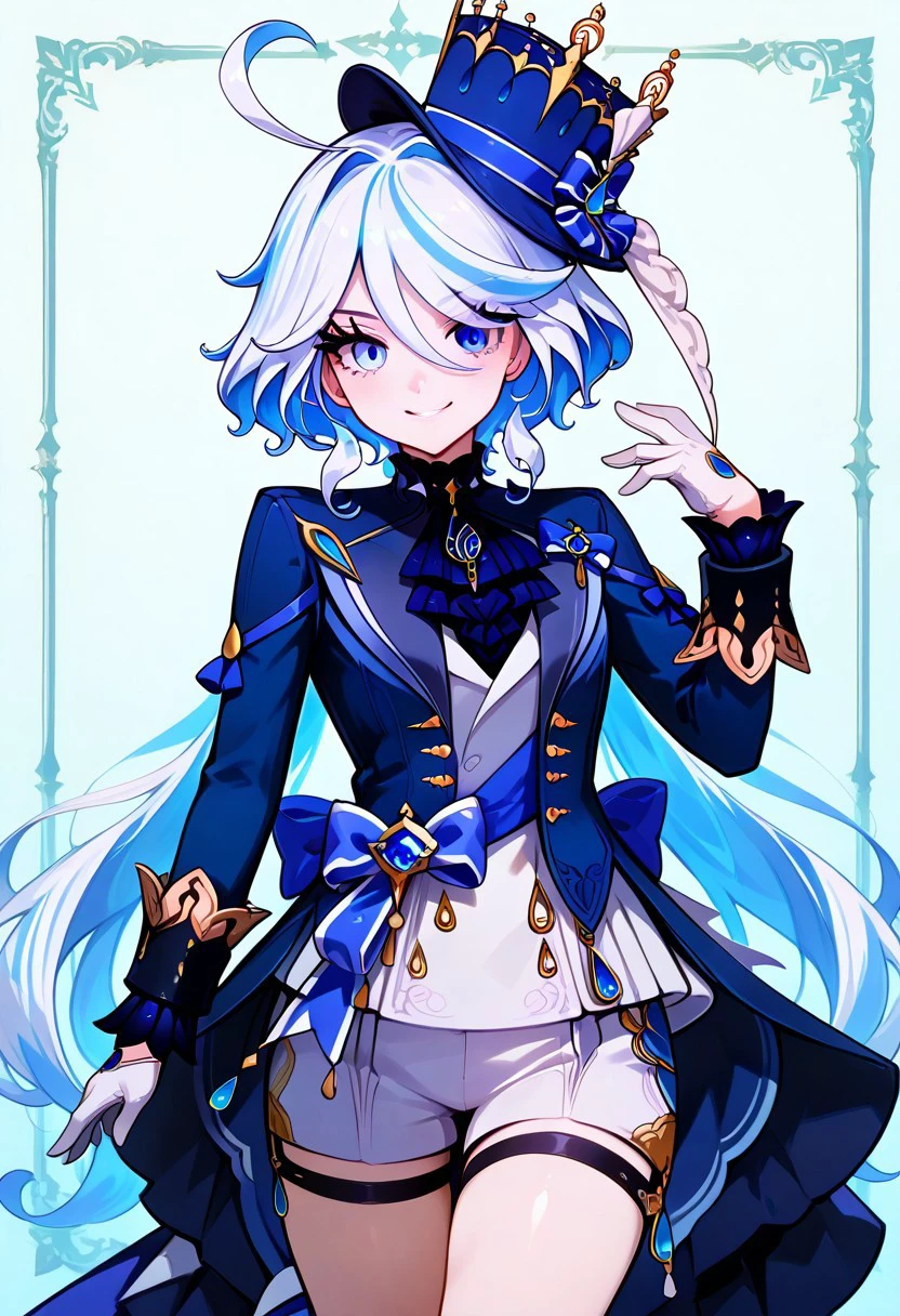 zzFurina, blue eyes, hair between eyes, ahoge, blue hair, long hair, multicolored hair, short hair, streaked hair, very long hair, white hair, blue top hat, blue jacket, brooch, ascot, white gloves, blue bow, white shorts,
,smile, looking at viewer, pretty background, dynamic pose,