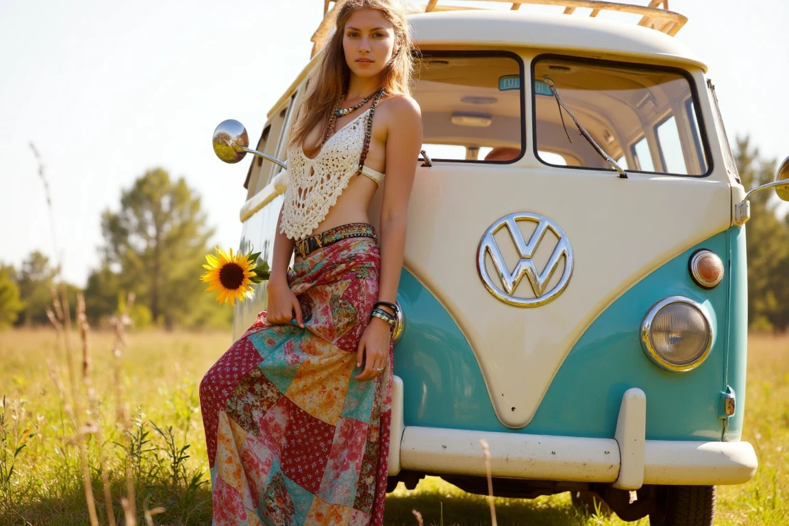 hippiebeauties, ultra realistic, ultra detailed textures and colors, a young hippie woman leans against a vintage VW van parked in a meadow, dressed in a patchwork maxi skirt, crochet halter top, and layered necklaces. Captured with a 24mm lens at eye level to emphasize her connection with the van, the wide frame includes details like the sunflowers in her hand and the open field beyond. The lighting comes from a golden-hour sun, enhanced by a slight HDR technique to capture the details of her outfit and the textures of the van.