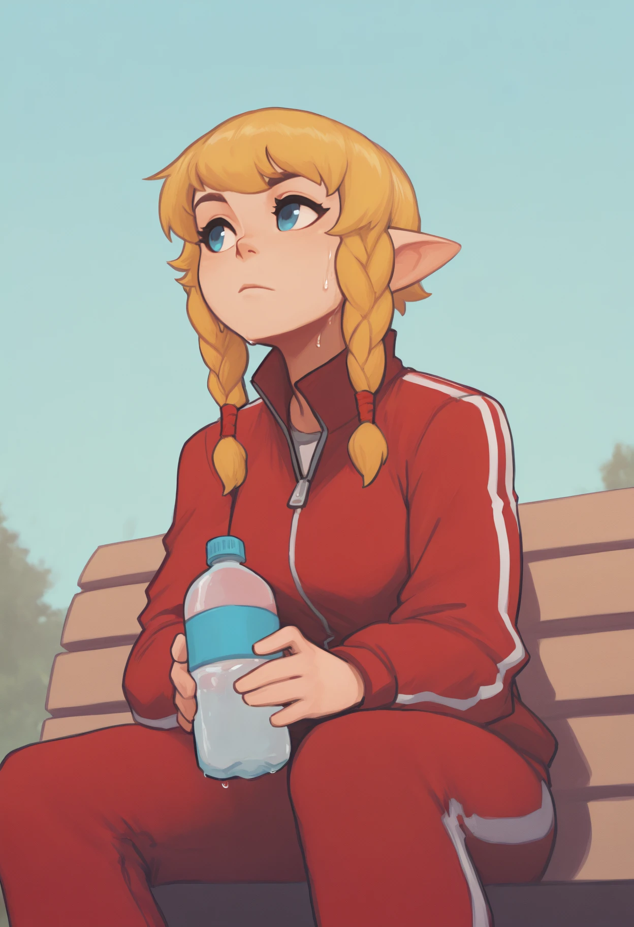 masterpiece, best quality, <break> feet out of frame, solo, 1girl, l1nkle, sweat, expressionless, looking away, sitting, park bench, holding water bottle, long hair, blonde hair, twin braids, pointy ears, blue eyes, track suit, red jacket, track jacket, long sleeves, red pants, outdoors, day
<segment:yolo-Anzhc Face seg 640 v2 y8n.pt,0.4,0.5//cid=1>