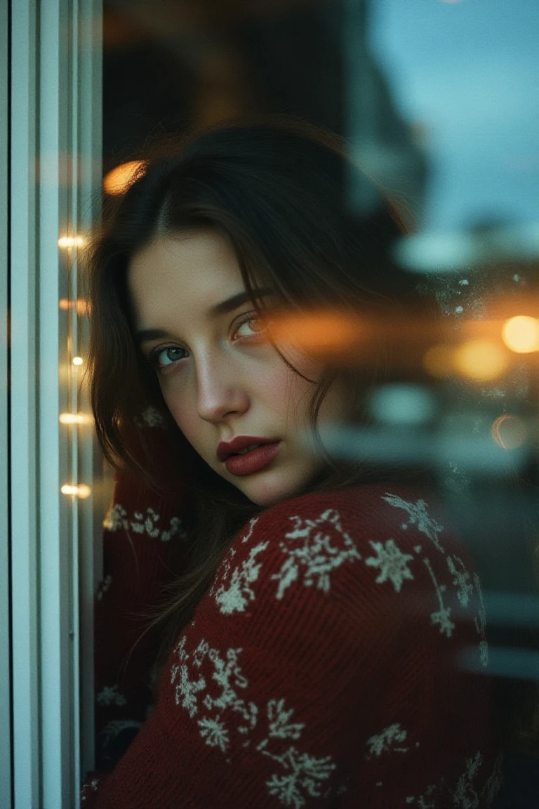 A captivating 35mm film shot unfolds, and the camera captures a young woman in a seductive pose through a frosted window. ((Wearing a thick Christmas sweater, she looks directly at the viewer with her sharp black eyes, her pale skin glows under her hair, partially obscuring her face. The soft lighting illuminates her sweet smile)),  In particular, the glass surface of the front window in front of the frame is a transparent glass reflection and glass refraction, and the frost pattern formed by the frozen frost forms a gradient on the glass surface, emphasizing the cozy atmosphere beyond the window. The extremely low angle (1.4) and high contrast HDR (1.2) further emphasize the wonder and mystery of the image, transporting the viewer into a dreamy and transcendent fantasy world.