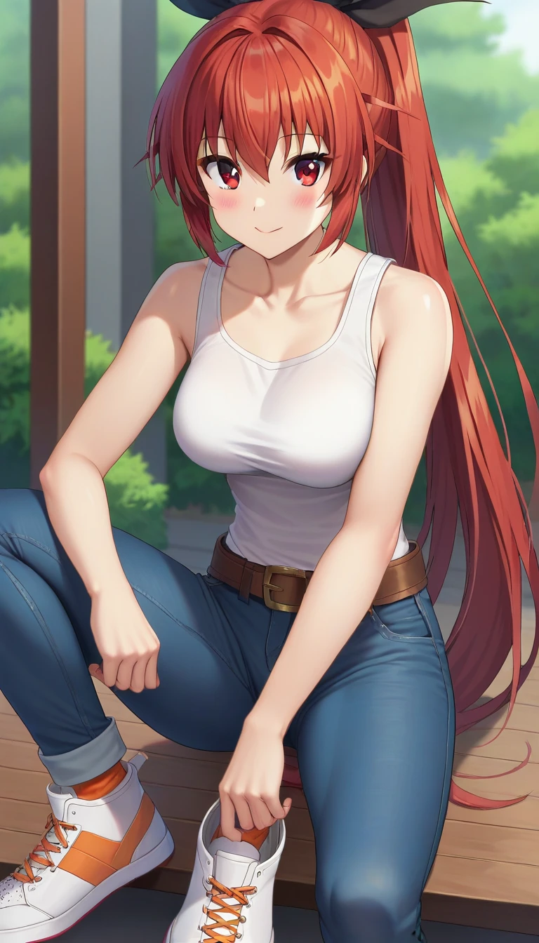 score_9,score_8_up,masterpiece,best quality,correct anatomy,anime_source,1girl,solo,perfect eyes,perfect arms,perfect legs,perfect face,outdoors,upper body,(portrait:1.5),looking at viewer,facing viewer,smile,blush,Kuune,very long hair,red hair,ponytail,hair ribbon,black ribbon,hair between eyes,bangs,red eyes,collarbone,bare shoulders,white tank top,sleeveless,medium breasts,brown belt,jeans,pants rolled up,orange socks,sneakers,white footwear,<lora:Kuune(hns)-Pony:1.2>,