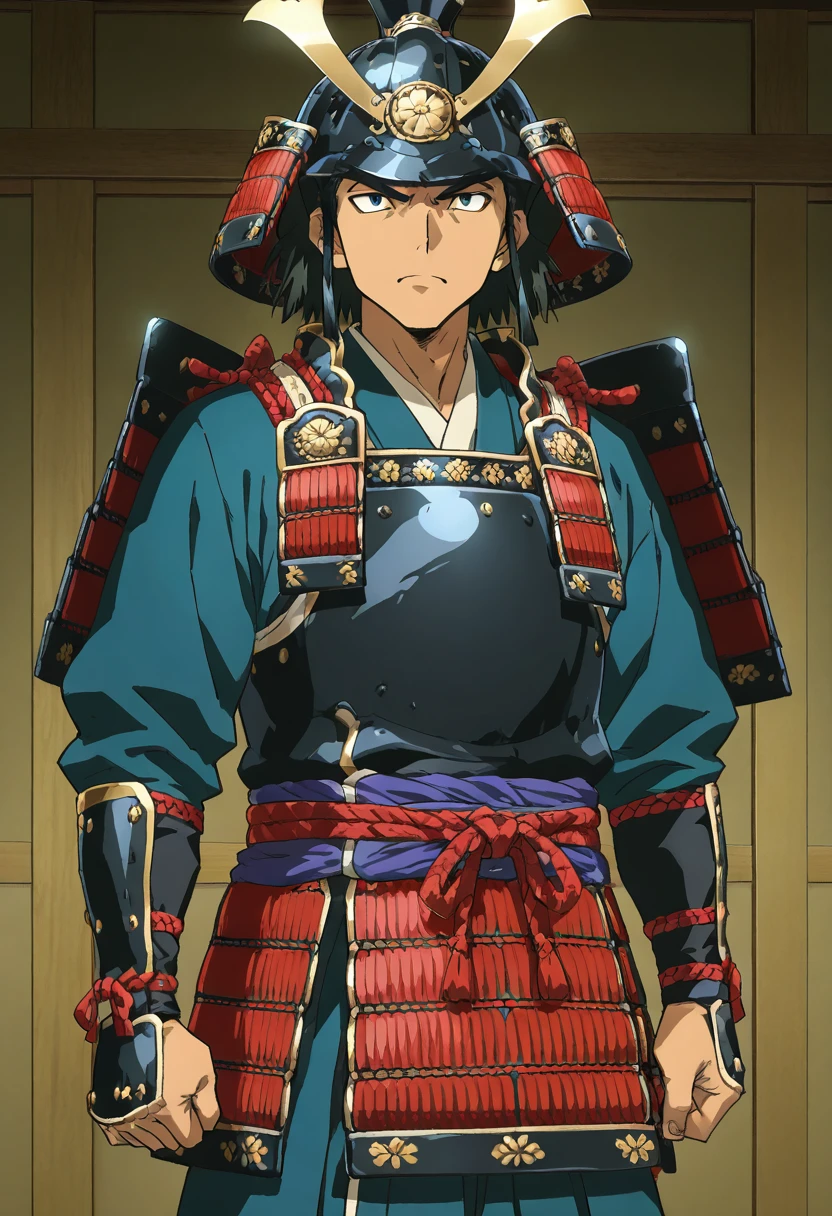 masterpiece, best quality, absurdres, detailed skin, detailed eyes, anime colored, anime screencap,
1 boy,
<lora:oyoroi-000008:1> , oyoroi, samurai, armor, shoulder armor, helmet,