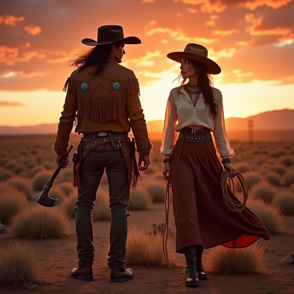 ovtlawz, a male and female outlaw face off with bounty hunters in the desolate badlands. The male outlaw, a Comanche warrior, wears a fringed leather jacket with turquoise embellishments, his hair flowing freely as he grips a tomahawk. The female outlaw, of Mexican heritage, stands beside him with a lasso in one hand and a pistol in the other, wearing a wide-brimmed hat, a simple cotton blouse, and a flowing skirt tucked up for ease of movement. The camera is positioned at ground level, emphasizing their defiant stances against the vast, barren landscape. The lighting captures the fiery reds and oranges of a dramatic sunset, silhouetting the outlaws against the rugged terrain.