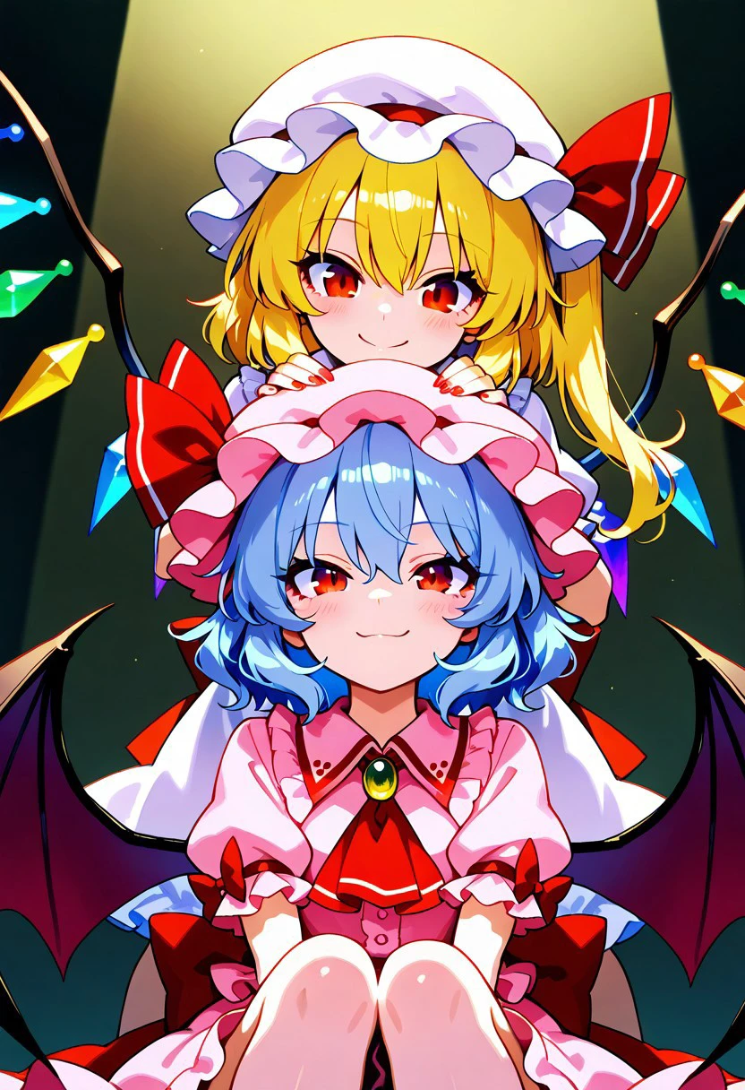 masterpiece, best quality, 21 year old model, eyelashes, (beautiful eyes),    
2girls,  zzRemilia, red eyes, blue hair, short hair, hat, ribbon, wings, ascot, hat ribbon, pink dress, bat wings, short sleeves, frills, puffy sleeves, zzFlandre, red eyes, blonde hair, one side up, hair between eyes,  wings, ascot, red skirt, hat ribbon, short sleeves, puffy sleeves, mob cap, red shirt,
smile, looking at viewer, shiny skin,
embarassed, (head pat),
sitting, looking at each other, facing each other,