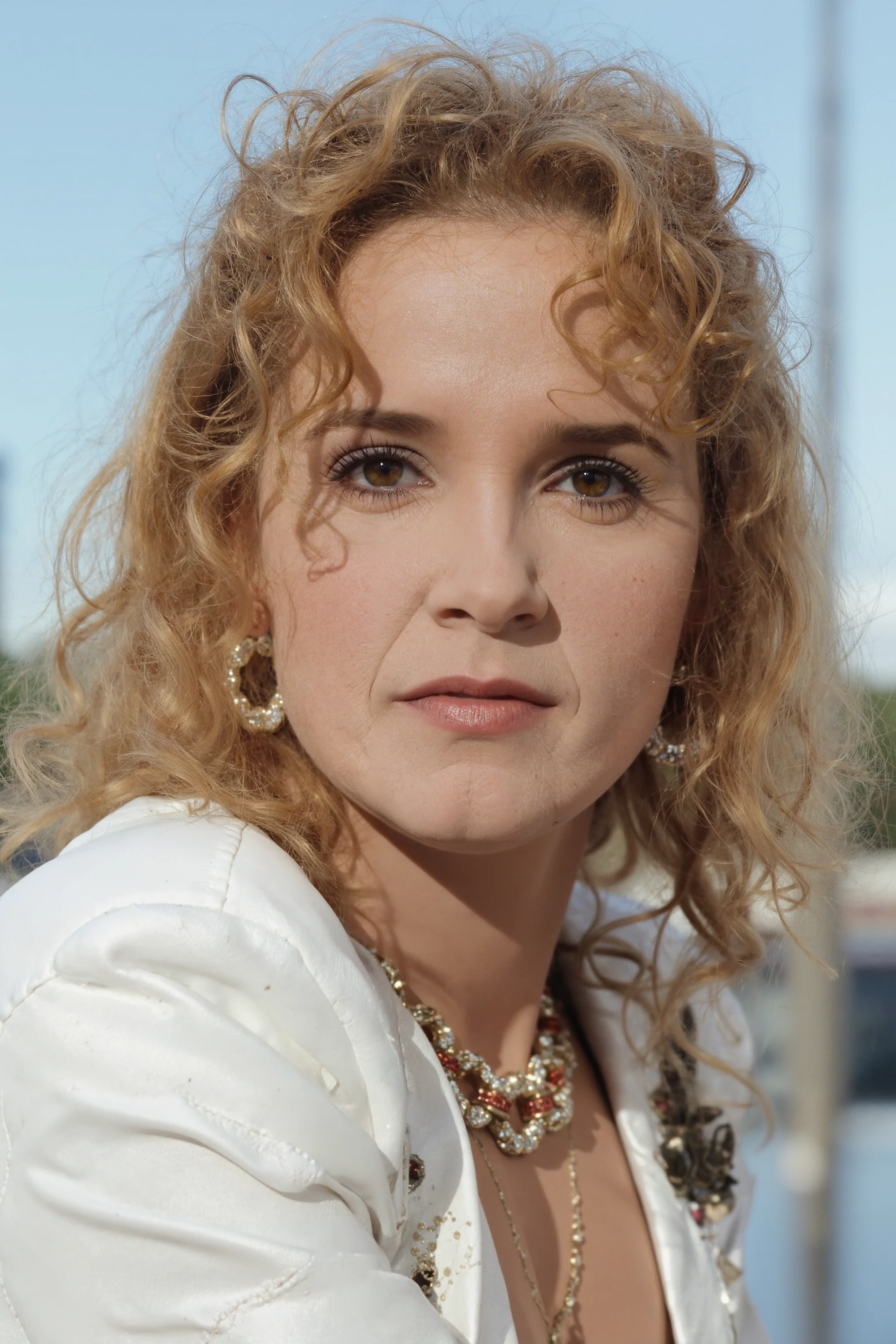 The photo features a woman looking at the viewer. She is wearing a  white leather jacket. Clean light background with sky, add depth and beauty. 