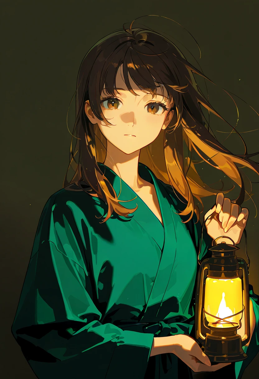 warm lighting, 1girl, solo, lantern, brown hair, long hair, looking at viewer, upper body, holding lantern,