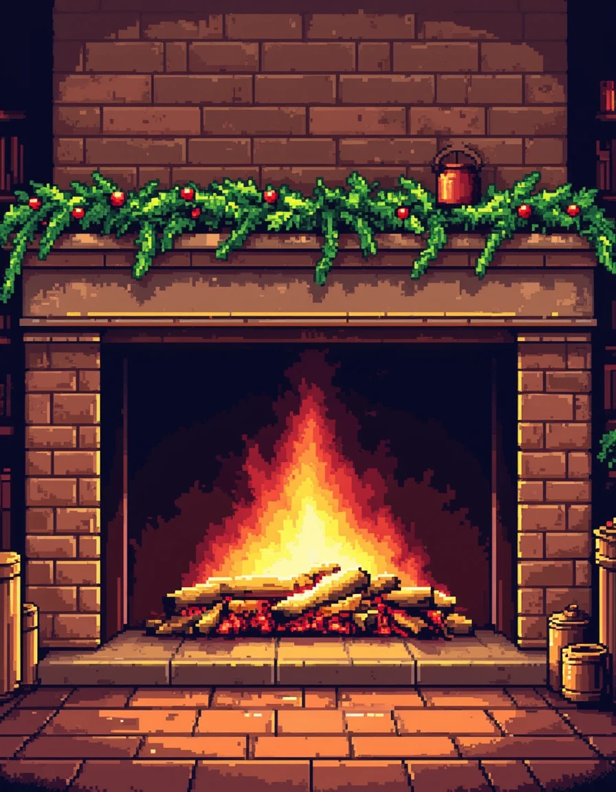 A pixel art illustration of a fire in the fireplace with christmas garland strung across the mantle<lora:General Flux\pixel-art-christmas.safetensors:0.9:1.0>