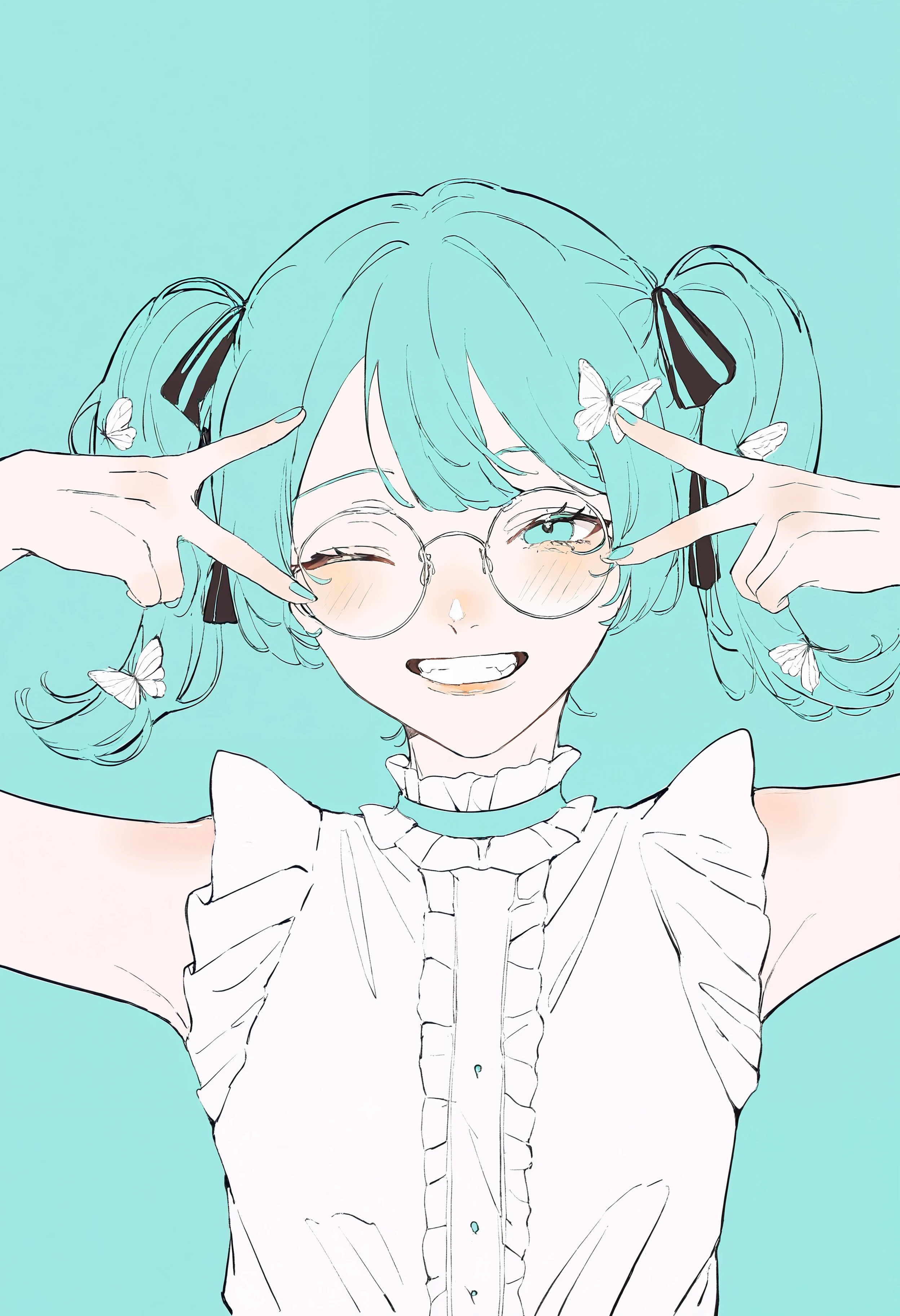 masterpiece, highres, absurdres, newest, very awa, blending,   1girl, solo, round face, hatsune miku, aqua hair, twintails, butterfly hair ornament, frilled shirt, sleeveless shirt, frilled choker, center frills, v over eye, wink, round eyewear, aqua background,  <lora:spo_sdxl_10ep_4k-data_lora_webui>,  <lora:TA_trained:0.35>,  <lora:NOOB_EPSv1_1_detailer_by_vlnvk_v0_5>,  <lora:shim_46:0.8>