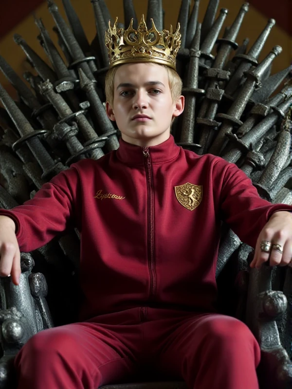 <lora:Joffrey Baratheon:0.9> joffrey baratheon, a man with a crown and wearing a tracksuit. He is sitting on a throne made of swords