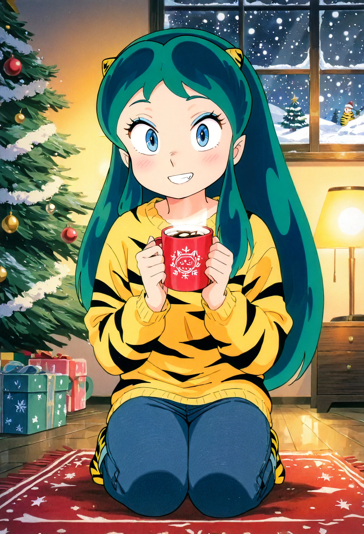 safe, scan, 1girl, solo, anime screencap, yellow tiger print sweater, jeans, red mug, hot cocoa, christmas tree, window, snow, kneeling, lum, looking at viewer, teeth, fang, smile, blush, very awa, cozy, warm lighting, lamp, masterpiece, best quality, newest, absurdres, highres,
<lora:Lum_IL:1>