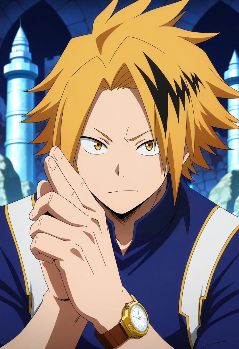 masterpiece, best quality, , anime screencap, , official style, looking at viewer, depth of field, 1boy, solo, male focus, <lora:denki_kaminari_ilxl:0.98>, denki_kaminari, blonde hair, yellow eyes, short hair, spiked hair, multicolored hair, two-tone hair, black hair, streaked hair, mountain fortress, stone walls, watch towers, training grounds, guard pose, vigilant expression, afternoon,