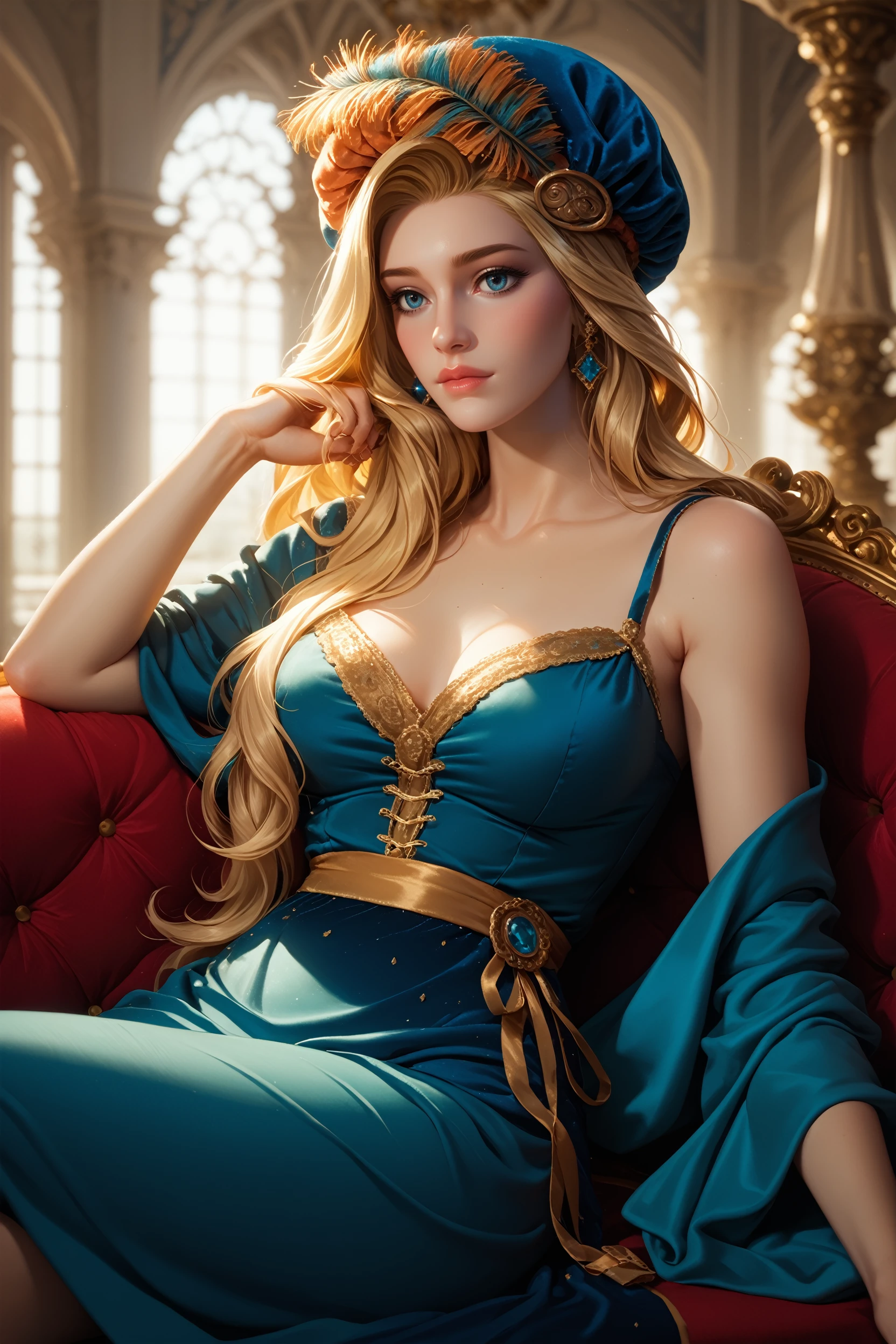 score_9, score_8_up, score_7_up,
<lora:W3Priscilla:0.8>
W3Priscilla, 1girl, long hair, blonde hair, blue eyes, hat, reclining on a vintage chaise lounge, one arm draped over the back, elegant ballroom with crystal chandeliers, soft ambient lighting, luxurious and sophisticated setting