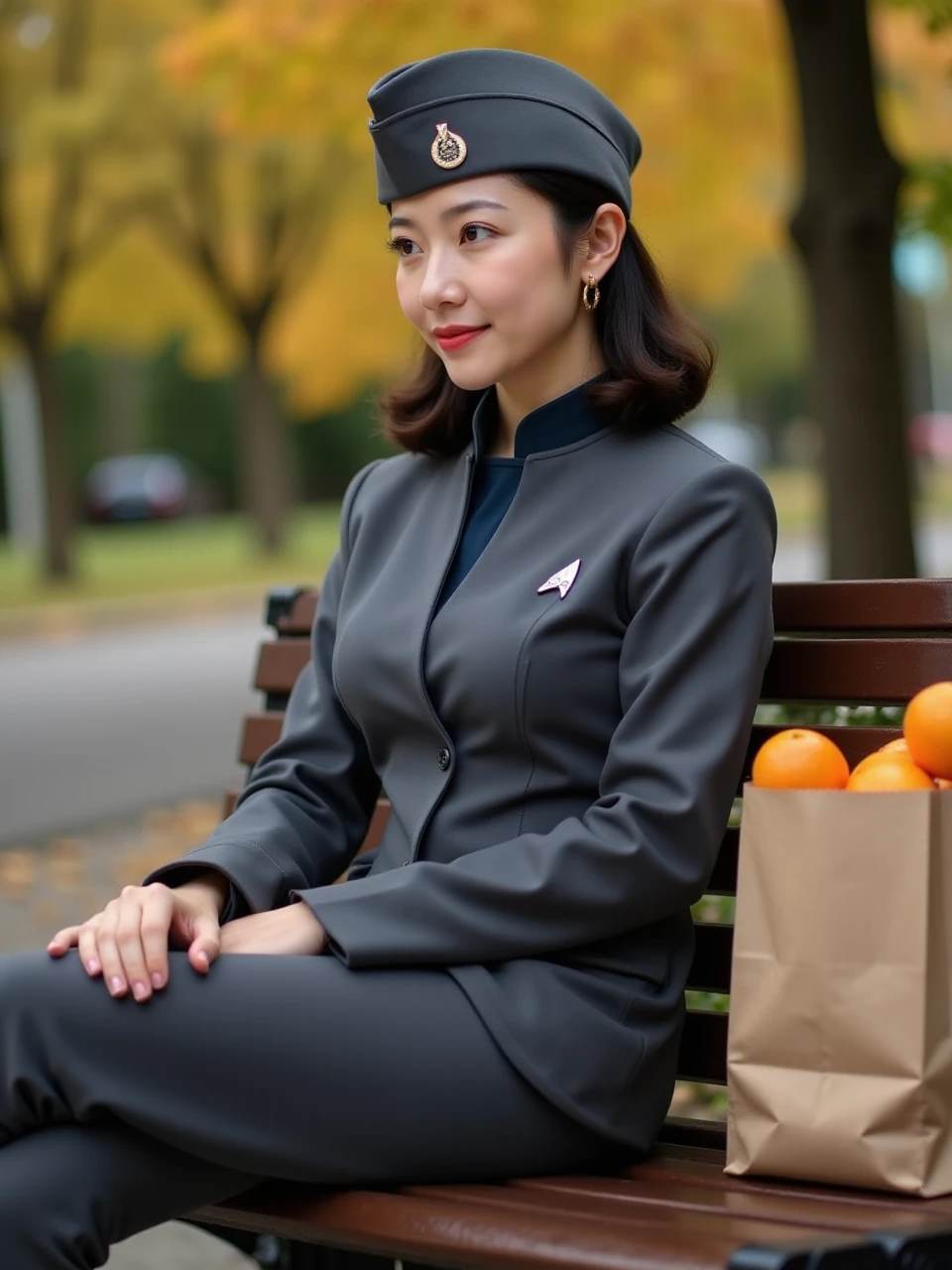 This is a portrait photo taken in the park in the fall to give you a warm feeling. The woman in the photo is wearing a gray Starfleet uniform with a dark gray garrison cap with a captain's rank insignia on the side of the cap, she is sitting on a park bench with her head looking off to the side into the distance, a paper shopping bag full of oranges is here beside her.

coh24, garrison cap, 