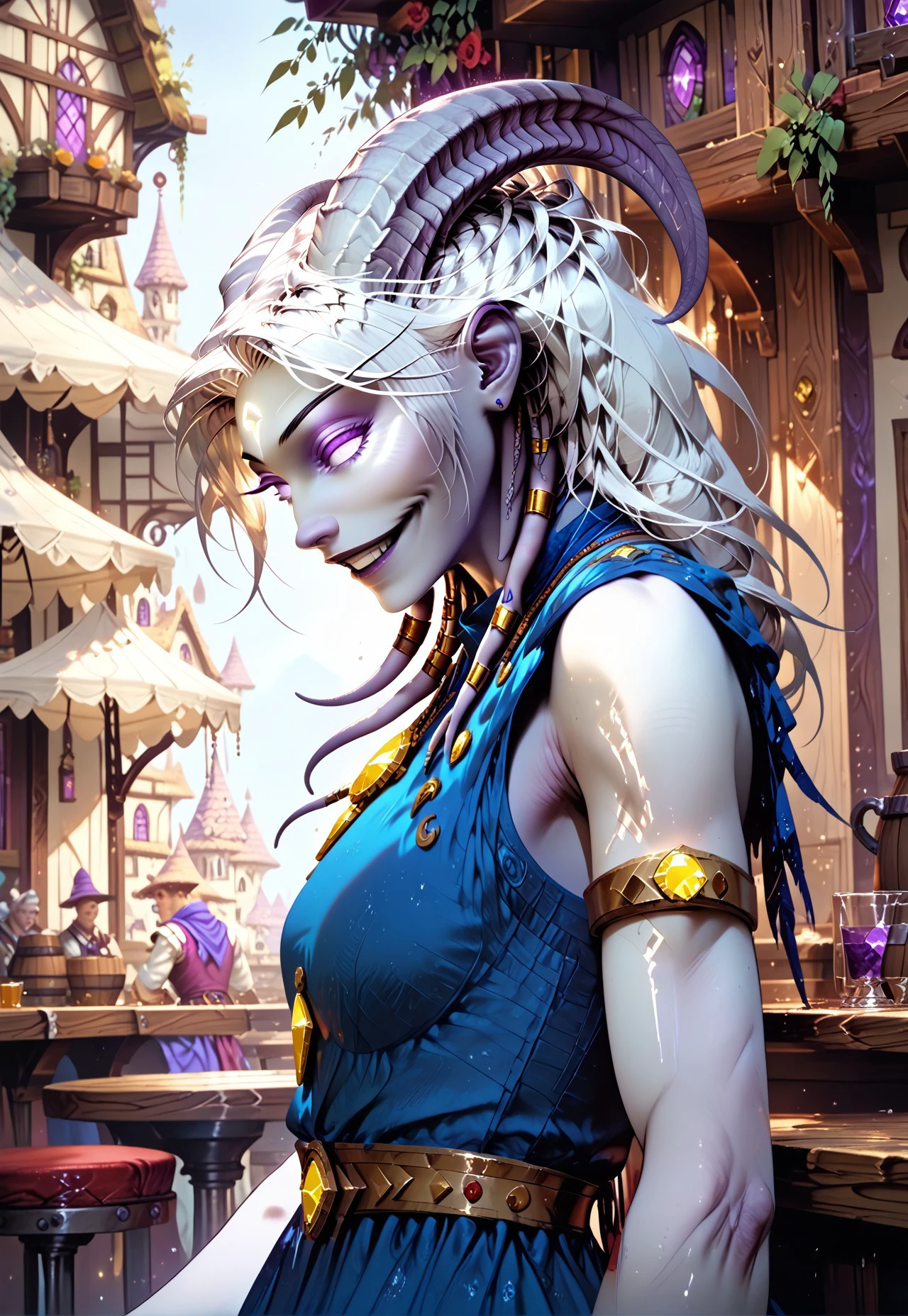 (absurdres, best quality, masterpiece:1.4), score_9, score_8_up, score_7_up, score_6_up, detailed, detailed body, detailed face, world of warcraft, fantasy, <lora:add-detail-xl:1.5>, 

culDraenei, purple eyes, no sclera, no pupils, 

(blue dress, sleeveless)

upper body, side view, soft smile, 

indoor, tavern