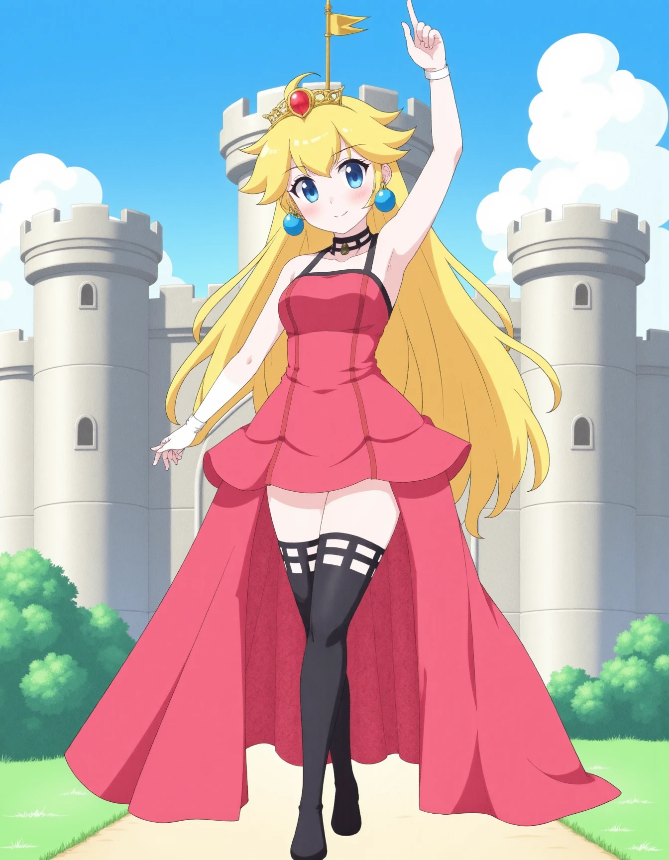 anime style picture of a princess peach  wearing  th0rnPr1ncess0utfit outfit. She is standing outside the castle from the Mario games. <lora:thornPrincessOutfitFlux:1>