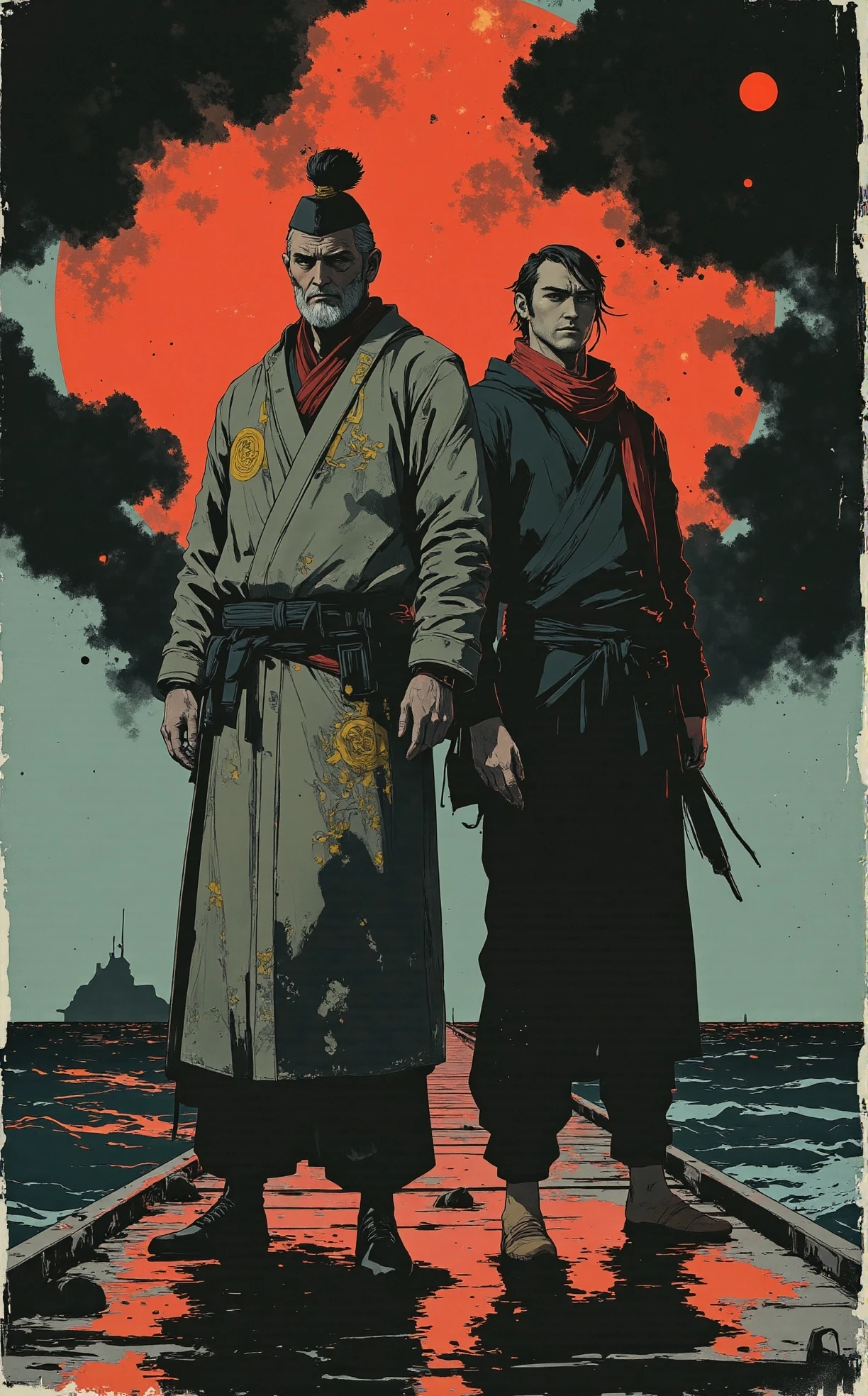 Off-center composition, half-body shot, The image shows two men standing side by side on a pier, facing the ocean. They are both dressed in traditional clothing, with the man on the left wearing a gray robe with gold embroidery and a red scarf around his neck. He has a black beret on his head and a white beard. The man in the middle has a long white beard and is looking directly at the camera with a serious expression. The sky is filled with dark, ominous clouds, and the ocean can be seen in the background. The overall mood of the image is somber and contemplative., dark and dim light, anime artwork comic character art by Shigenori Soejima, photography art by Rui Palha, , urban, gritty, street photography, black and white, Video game art, character design, Persona series, anime influence . graphic illustration, comic art, graphic novel art, vibrant, highly detailed . anime style, key visual, vibrant, studio anime, highly detailed