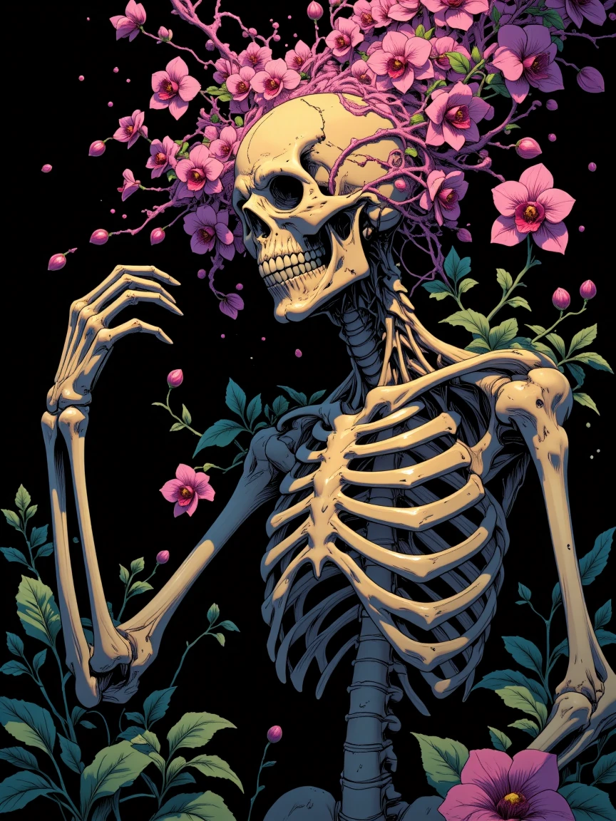 artistic and whimsical depiction of a skeleton with no head. There are flowers and vines exploding upward from the shoulder and neck, swirling together and glowing. orchid flowers with detailed petals capture the viewers attention. Fine artistic detail, mystical swirling illustrative masterpiece. The composition displays motion, almost as if the skeleton is dancing. Forced perspective puts the viewing angle down low and shows one of the skeleton's hands too near to the viewer. Creative but dark background. Emotional and artistically active and motion-displaying composition. Exaggerated surrealist details.