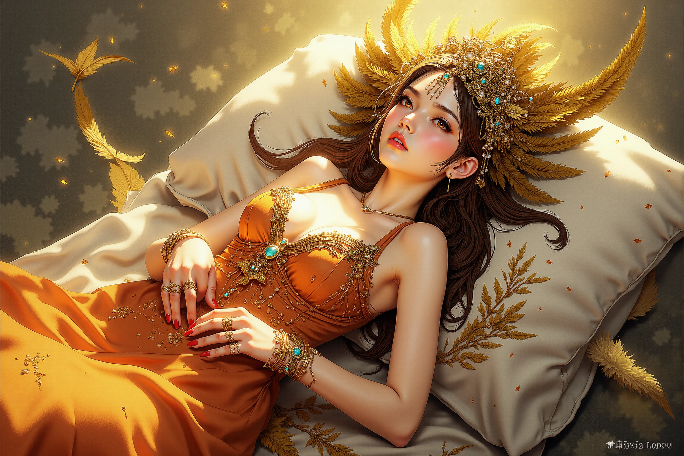 <lora:FANCHA_style:0.9> FANCHA style detailed digital artwork.
The image features an ethereal woman reclining gracefully, enveloped in a warm, golden radiance that accentuates her otherworldly beauty. Her face is tilted delicately to the side, with soft, porcelain-like skin that glows under the gentle light. Her large, expressive eyes, framed by long lashes, carry an air of mystique and quiet longing. Adorning her head is an intricate crown of fiery feathers and golden ornaments, interwoven with delicate red accents, lending her the aura of a mythical phoenix. Strands of pearls cascade across her forehead, enhancing her regal appearance. Her attire is a flowing gown of vivid orange and gold, its fabric shimmering like molten fire. The intricate embroidery and sparkling gemstones along the neckline and bodice create a sense of opulence and meticulous craftsmanship. The soft folds of the fabric drape elegantly, and the slightly translucent layers catch the light, resembling glowing embers. Her hands rest softly in front of her, adorned with golden jewelry, including intricately designed rings and bracelets, which add an air of refinement and delicacy. Golden and crimson feathers flow around her, blending seamlessly with the ambient light and lending the composition a sense of motion and vitality. The background is a dreamy haze of warm amber and soft yellow hues, with subtle textures evoking swirling flames and celestial energy. The overall atmosphere is enchanting and mystical, exuding a sense of divine elegance and fiery rebirth.