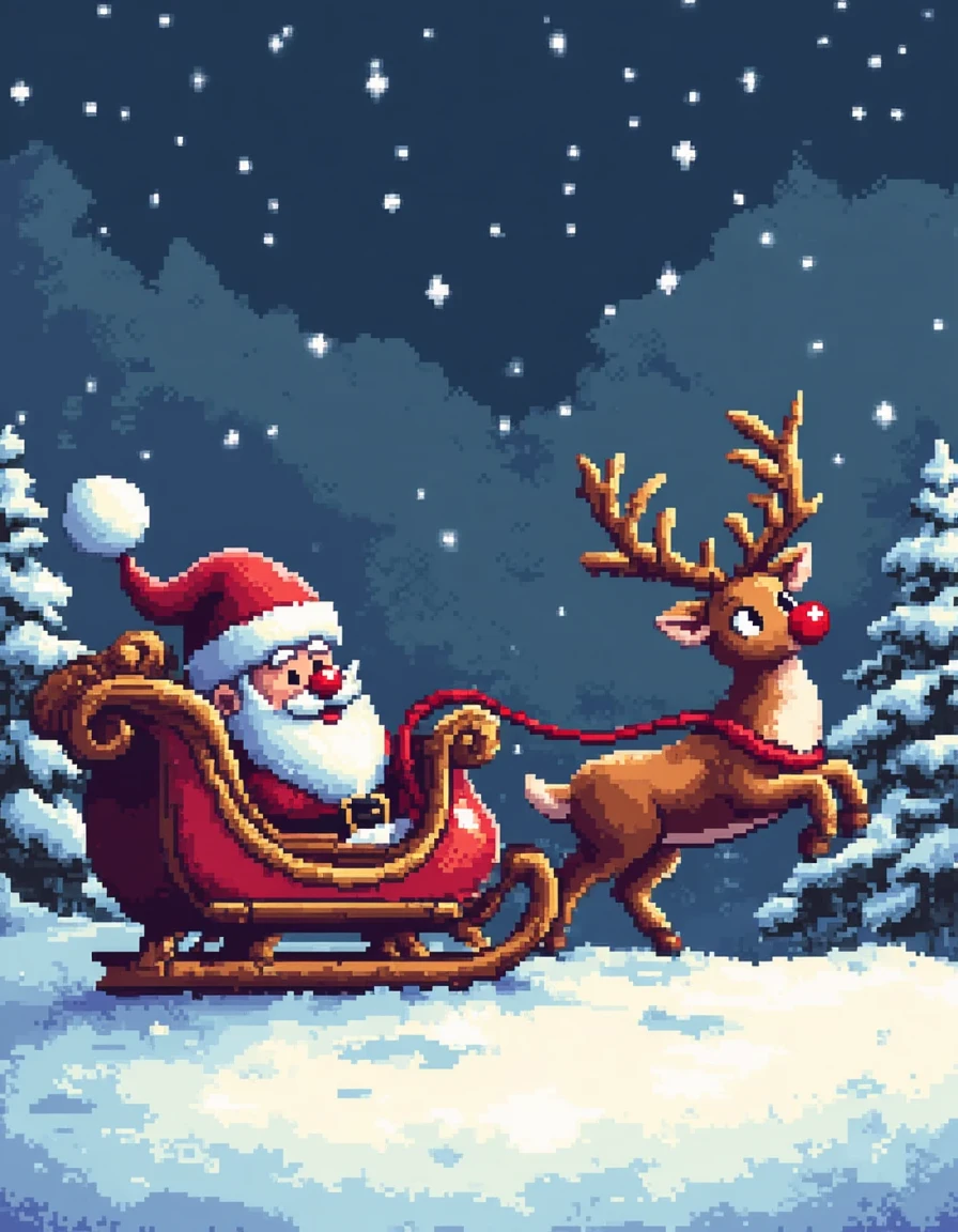 A pixel art illustration of Santa's sleigh and reindeer<lora:General Flux\pixel-art-christmas.safetensors:0.9:1.0>