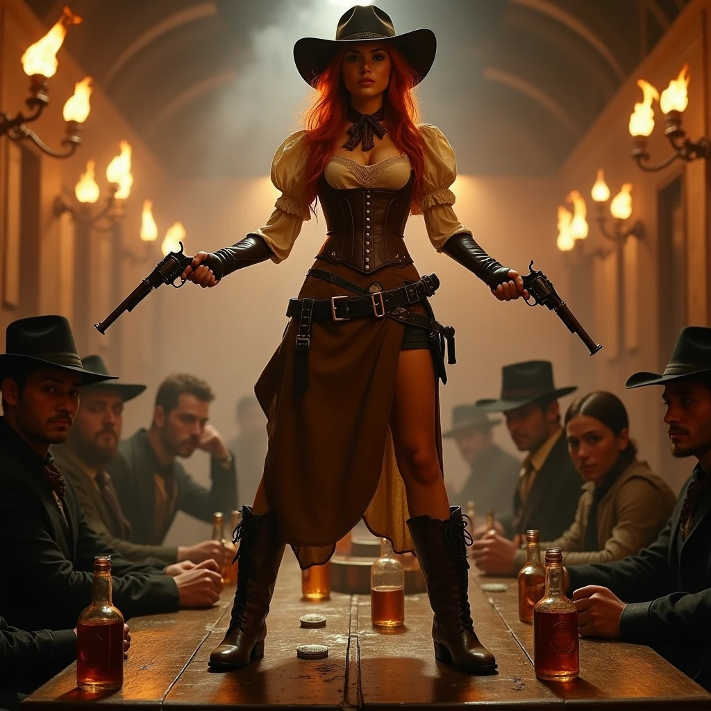 ovtlawz, a fiery-haired Anglo-American outlaw stands atop a poker table in a smoky saloon, wielding a dual-action revolver in each hand. Her ensemble features a fitted leather corset over a calico blouse with puffed sleeves, a split riding skirt, and sturdy lace-up boots. Her wide-brimmed hat tilts forward, framing her determined, dust-streaked face. Behind her, shattered whiskey bottles glitter in the lamplight as stunned gamblers duck for cover. The camera captures the scene from an upward angle, emphasizing her dominance. The warm, flickering light of oil lamps casts dramatic shadows across her figure, highlighting the grit and danger of the moment.