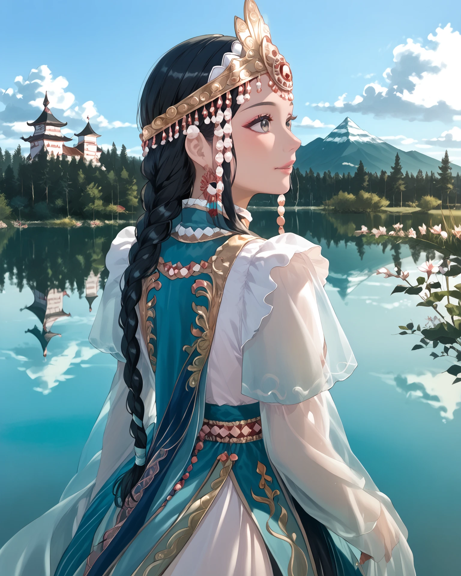 1girl, wearing yakutfa, yakutfa clothes, beautiful scenery, shimmering lake, long hair, braid, black hair, extremely detailed clothing, digital art, masterpiece, absurdres, highest quality, score_9, score_8_up, score_7_up,   <lora:Yakut_Fashion_XL:1.4>,  headdress,  <lora:CMRNM:1>, CMRNM