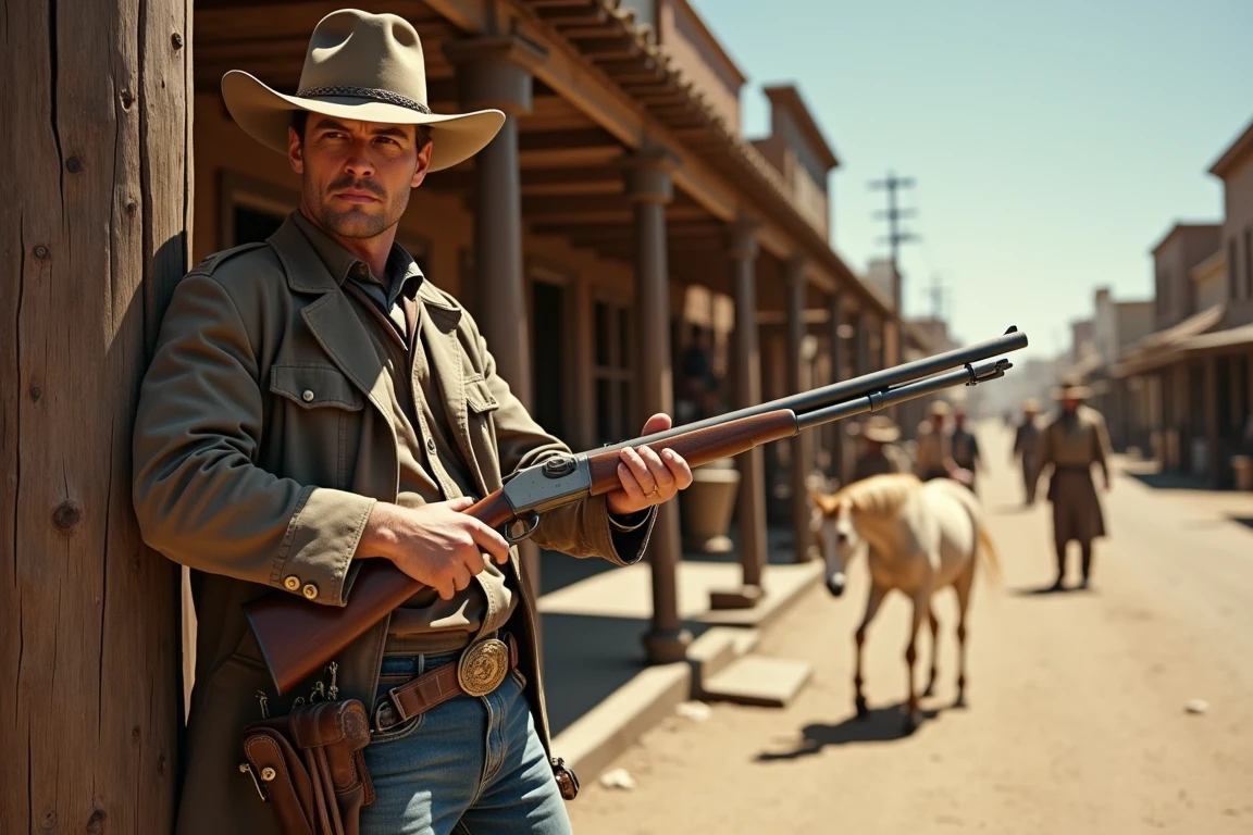 ovtlawz, an Anglo-American male outlaw leans against a weathered hitching post in the center of a one-street frontier town. His faded duster coat is caked with dust, and his broad-brimmed hat is tipped low over his rugged face. He holds a double-barrel shotgun casually, the barrel resting against his boot. A leather holster, worn from years of use, hangs from his belt. Behind him, townsfolk peek nervously from windows as tumbleweeds roll by. The camera is positioned at eye level, capturing the gritty tension. The lighting is harsh midday sun, creating stark contrasts and deep shadows on the wooden storefronts.