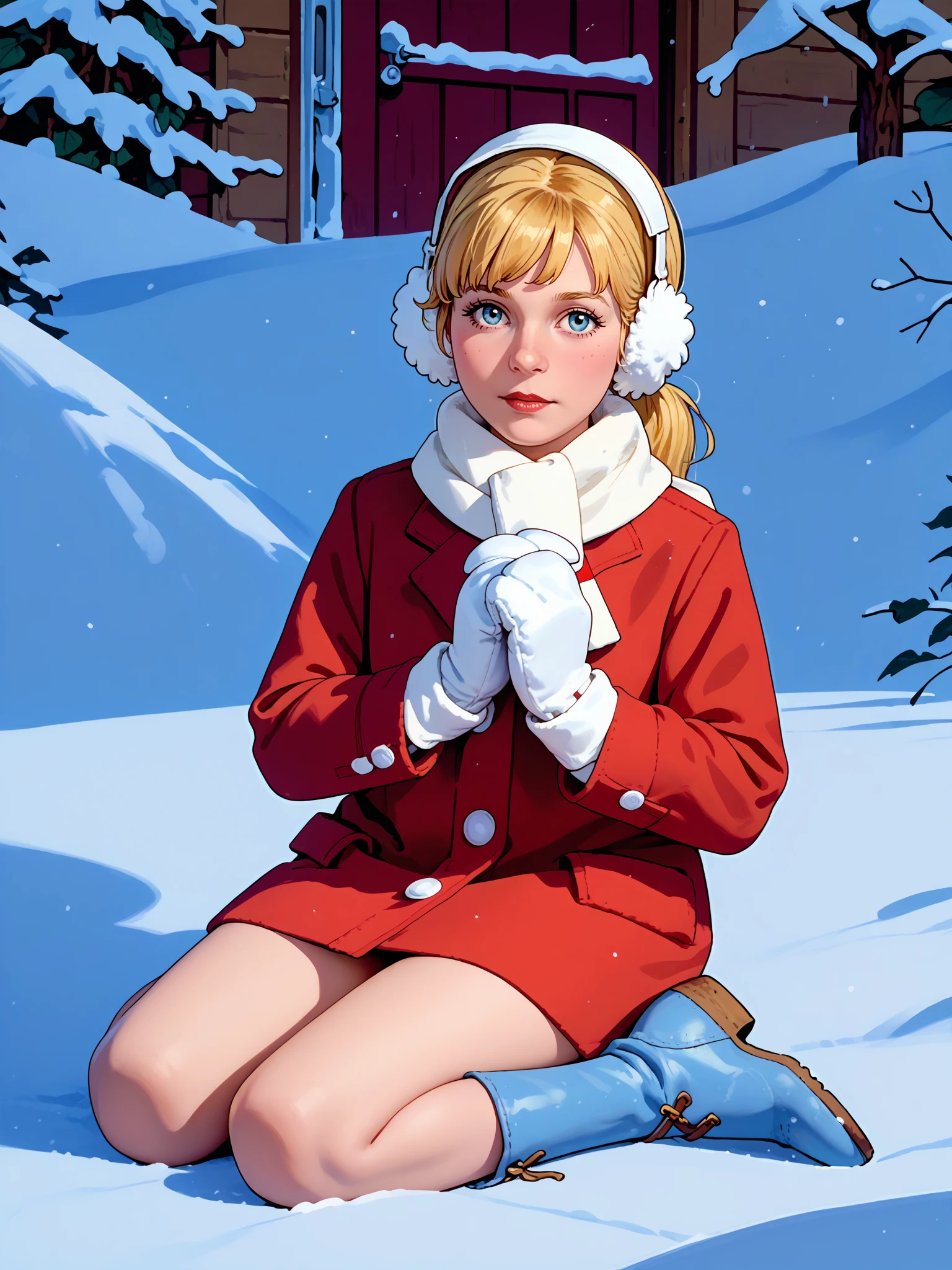 <lora:norman_rockwell_style_pony_v6:1> norman rockwell style, score_9, score_8_up, score_7_up, score_6_up,  <lora:Karen_-_Frosty_the_Snowman:0.6> karenfrostythesnowman, 1girl, solo, blonde hair, bangs, ponytail, red winter coat, white scarf, red and white earmuffs, white mittens, white buttons, bare legs, blue winter boots, looking at viewer