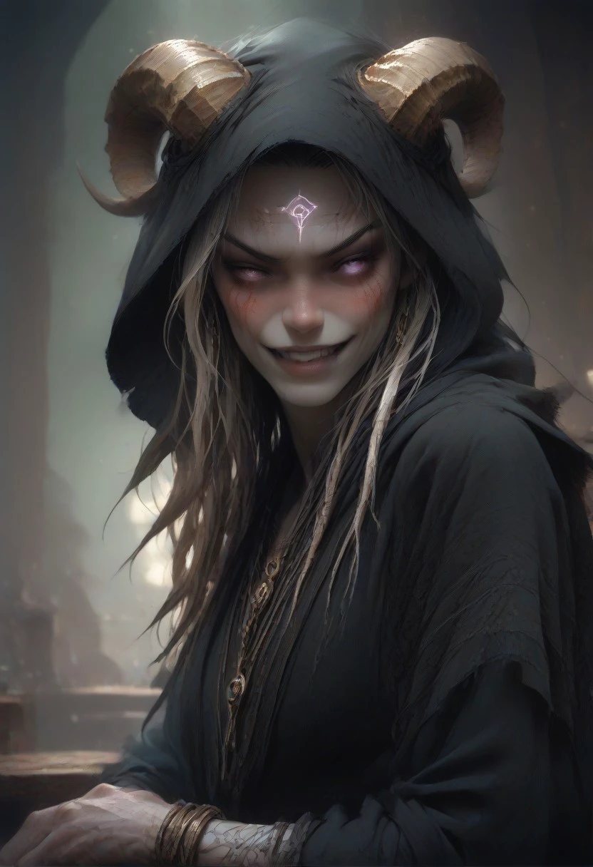 (absurdres, best quality, masterpiece:1.4), score_9, score_8_up, score_7_up, score_6_up, detailed, detailed body, detailed face, world of warcraft, fantasy, <lora:add-detail-xl:1.5>, 
culDraenei, purple eyes,
(black robe, black hood)
upper body, soft smile, angry eyes,
indoor, tavern