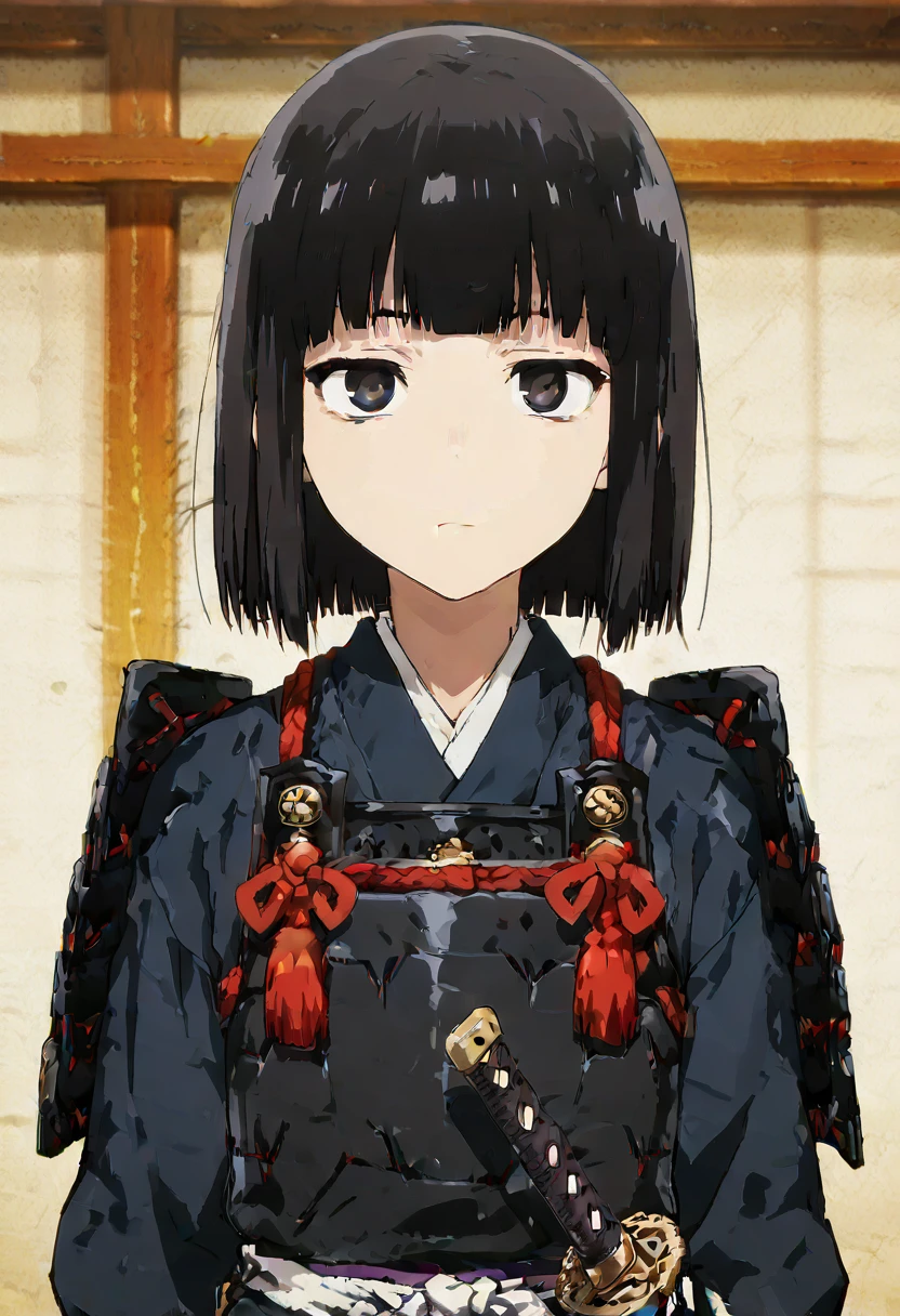 masterpiece, best quality, absurdres, detailed skin, detailed eyes, anime colored, anime screencap,
<lora:Suzushiro_Hatsuka:1>, Suzushiro Hatsuka, 1 boy, femboy, black hair, dark eyes, blunt bangs, looking at viewer, solo, expressionless, upper body, 
<lora:oyoroi-000008:1>, oyoroi, samurai, shoulder armor, katana, kusazuri,