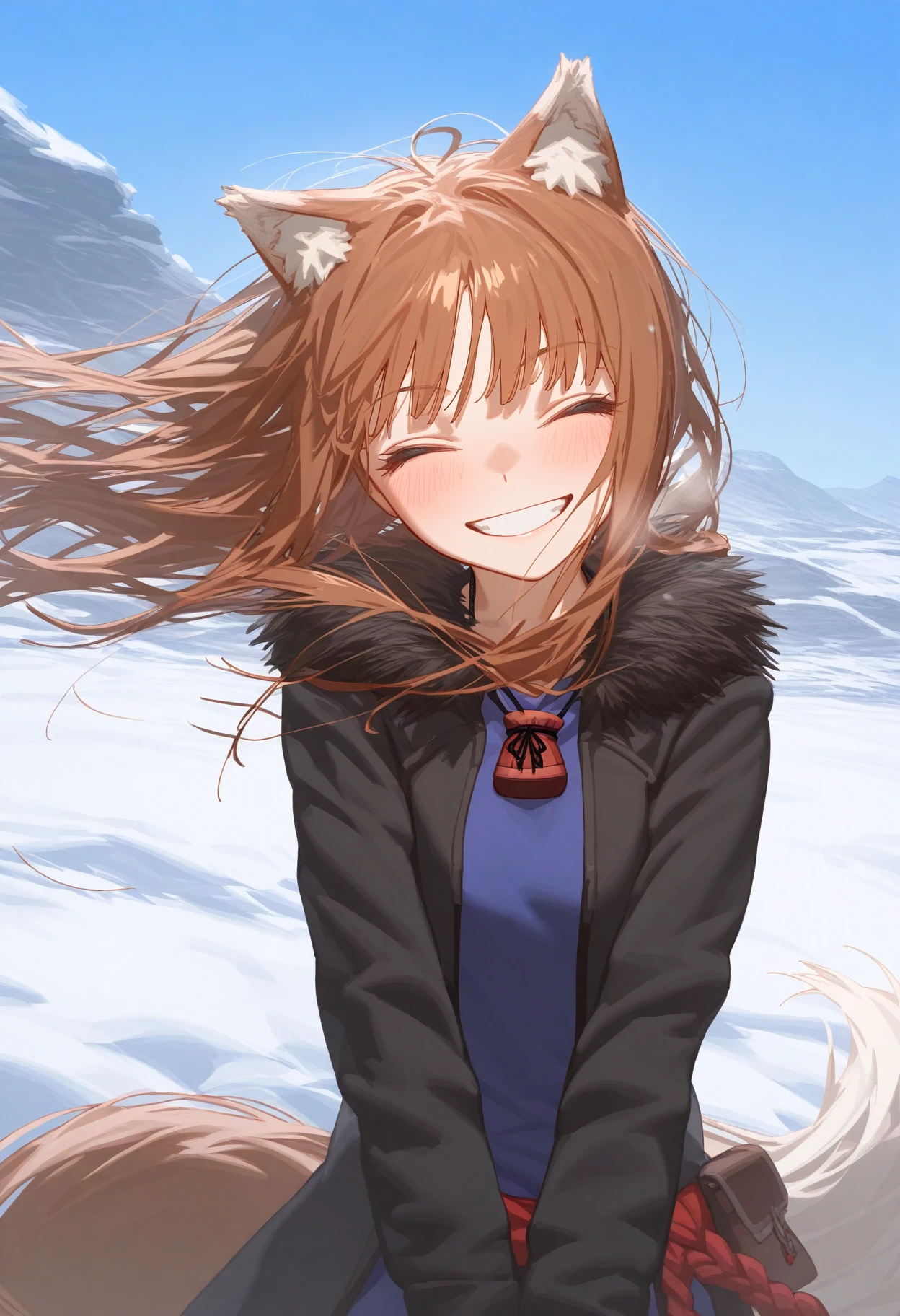 masterpiece, best quality, good quality, hllv, 
sketch, holo, 1girl, solo, long hair, blush, smile, shirt, brown hair, long sleeves, animal ears, jacket, tail, upper body, closed eyes, outdoors, open clothes, sky, day, grin, open jacket, black jacket, animal ear fluff, fur trim, head tilt, blue shirt, wolf ears, facing viewer, wolf tail, snow, pouch, wolf girl, wind, windy hair, 
<lora:ai_styles_collection_rouwei_vpred-rc3_v3.1:1>