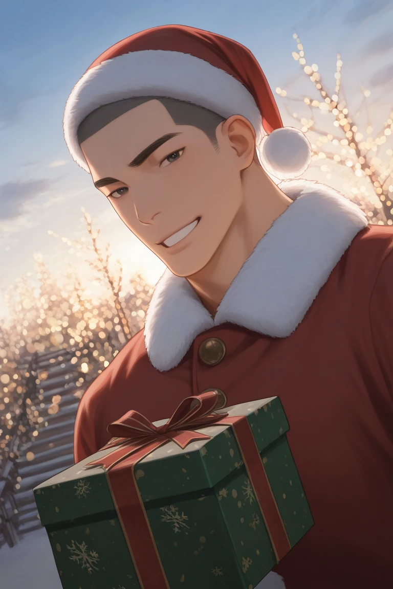 subsurface scattering, realistic shading, day, snowflake, christmas theme, male focus, looking at viewer, expressive face, holding a gift box, DaikiAOFH, black_DaikiAOFH_eyes, dark grey_DaikiAOFH_buzz cut, 1boy, smiling, santa claus cosplay, red headwear, fur-trimmed coat, outdoors, christmas lights, bokeh, cloud, centered, dutch angle, dynamic angle, intricately detailed illustration, depth of field, masterpiece, best quality, amazing quality, very aesthetic, absurdres, newest