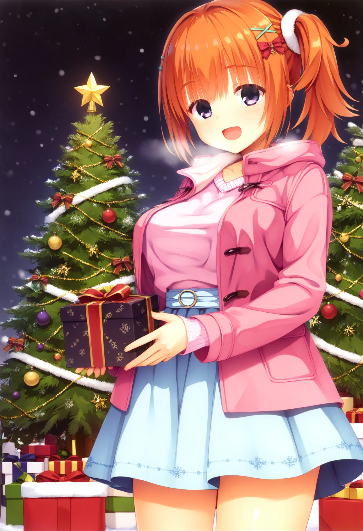 (masterpiece, best quality, highres, absurdres, very detailed, photorealistic, very aesthetic:1.22), (detailed eyes), muririn, yuzu modoki, shiny skin, 1girl, sumizome nozomi, orange hair, dddsweater, side ponytail, white scrunchie, breasts, x hair ornament, red bow, hair bow, hairclip, blue skirt, pink sweater, long sleeves, cross-laced clothes, purple eyes, detailed background, outdoors, snow, christmas, christmas tree, pink coat, belt, breath, feet out of frame, gift box, holding box, open jacket, :d, merry christmas, looking at viewer,    <lora:nozomi_2-14:1>