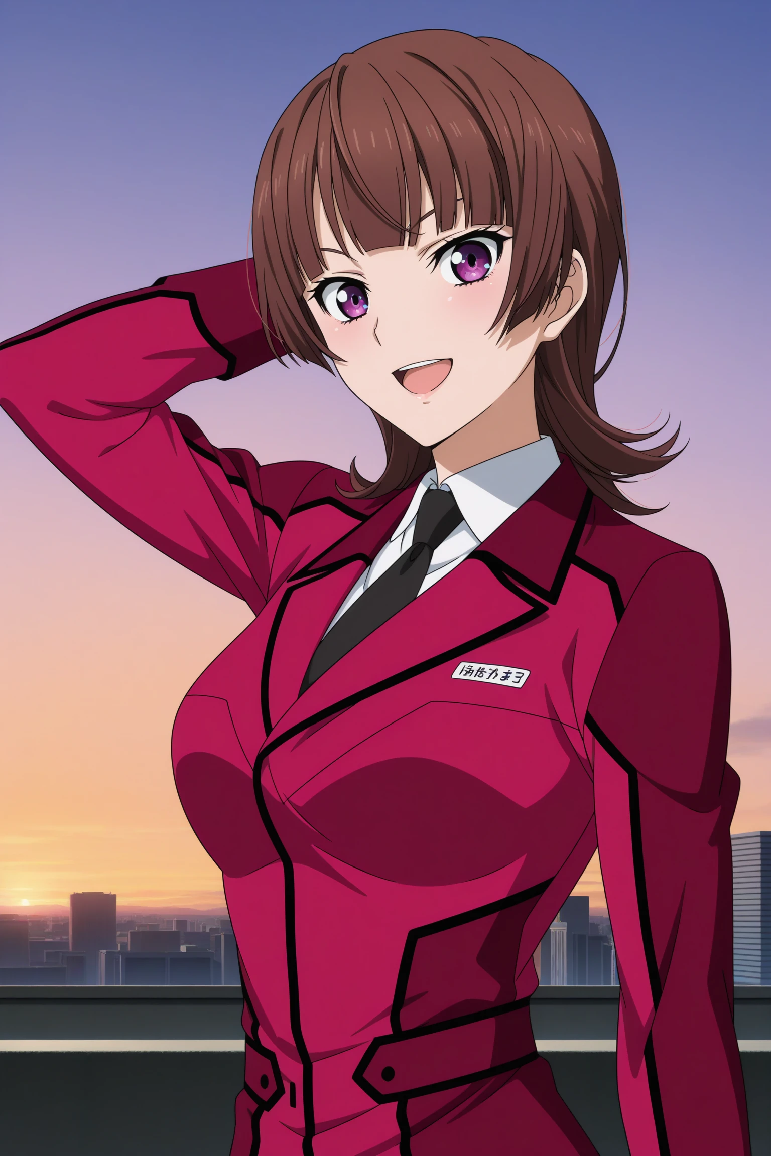 masterpiece, best quality, amazing quality, highres, absurdres, very aesthetic, high resolution, ultra detailed, perfect details, 1girl, looking at viewer, outdoors, city, rooftop, sunset, medium breasts, kazari asami, brown hair, medium hair, purple eyes, suit, military uniform, white shirt, collared shirt, long jacket, pink jacket, name tag, black necktie, pink thighhighs, black footwear, high heels, <lora:Asami_Kazari_ILXL:0.8>, (aged up:1.5), (upper body:1.5), (anime coloring:1.1), (anime screencap:1.1), smile, open mouth, (pose:1.3), looking at viewer