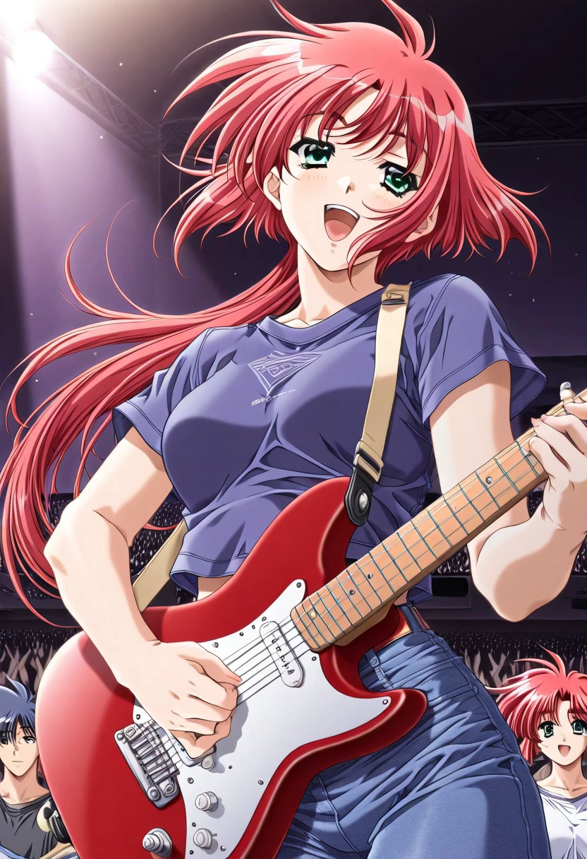 masterpiece, best quality, newest, highres, uncensored, 1girl, yokota mamoru style,motion lines,1girl,music,playing guitar,exciting,cheers,Concert,Ogata Shizuka Again Version,Red Hair, Ponytail, Waist Length Hair,Green eyes,leather,