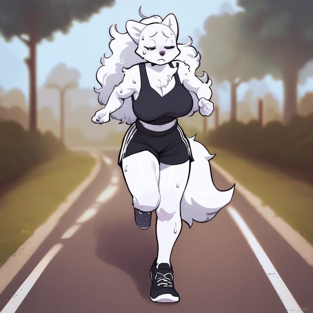 score_9, score_8_up, score_8, score_7, source_cartoon, source_furry, Solo, 1girl, anthro, dog, dog girl, samoyed, female furry, white fur, long hair, white hair, fluffy tail, cyan eyes, large breasts, cute face, full body, jogging, sweating, sweat band, black tank top, black gym shorts, black sneakers, tired look, park setting,