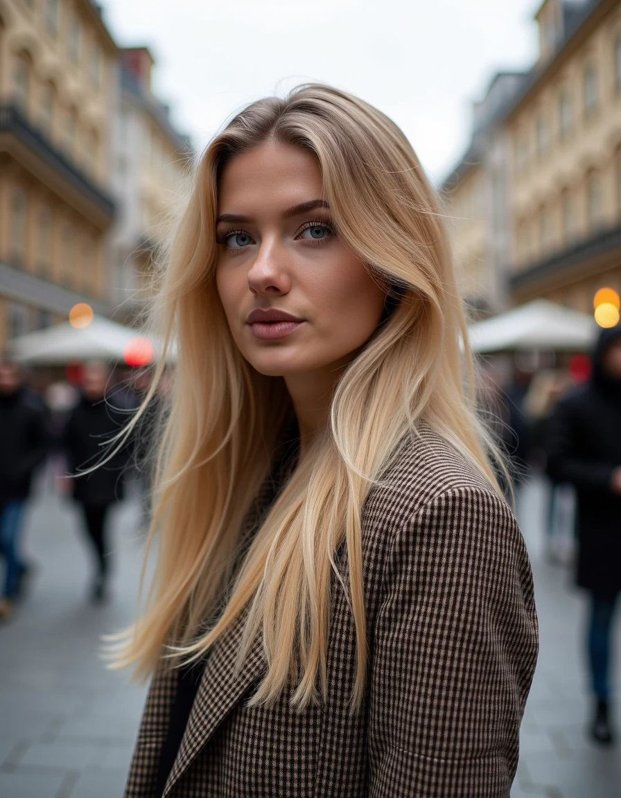 woman, alicaschmidt, blonde,straight hair,Waiting for a bus in a city square wearing a plaid blazer,  <lora:alicaschmidtmini:1>