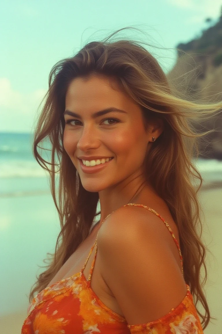 evamflx, a stunning woman, poses in a breathtaking outdoor setting on the beach. The camera captures her in a close-up shot, showcasing her radiant smile and captivating gaze. She wears a vibrant top, perfectly framing her figure against the picturesque ocean backdrop. perfect golden hour lighting. kodak analog photo colours.