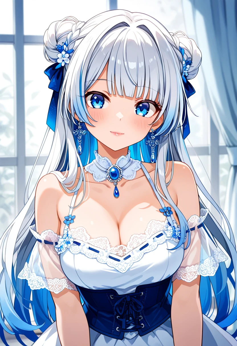 masterpiece, best quality, absurdres, very aesthetic, general,
1girl, solo, hair ornament, cleavage, blue eyes, long hair, hair flower, looking at viewer, earrings, double bun, collarbone, upper body, bare shoulders, blush, indoors, light smile, window, braid, silver hair, eyebrows visible through hair, large breasts, hair ribbon, lips, curtains, white hair, necklace, detached sleeves, depth of field, blue dress, underbust, blue ribbon, see-through, hair intakes, sidelocks, corset, detached collar, blunt bangs, cross-laced clothes, eyelashes, pendant, very long hair, white shirt, lace trim, lace, see-through sleeves, off shoulder, brooch, short sleeves, pink lips, ribbon trim, frills, multicolored hair, sapphire \(gemstone\), halterneck, blue hair, sleeveless dress, white choker, spaghetti strap, white dress, lace-trimmed dress, off-shoulder dress, braided bun, gradient hair