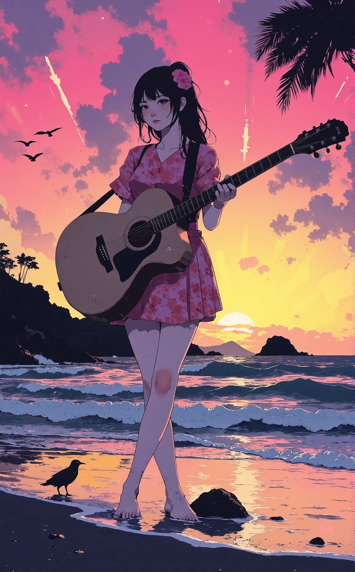 Off-center composition, medium close-up, The image is a digital illustration of a young girl playing an acoustic guitar on a beach. The girl is wearing a pink dress with a floral pattern and has long dark hair with a pink flower in her hair. She is holding the guitar with both hands and is looking at the camera with a smile on her face. The background shows a beautiful sunset over the ocean with waves crashing onto the shore. The sky is filled with vibrant colors, including pink, orange, yellow, and purple, and there are a few birds flying in the distance. The overall mood of the image is peaceful and serene., dark and dim light, anime artwork comic art by Edogawa Ranpo, drawing, art by Gabriel Isak, photography, , surrealism, conceptual, dreamlike, minimalist, Japanese mystery fiction, psychological thriller . graphic illustration, comic art, graphic novel art, vibrant, highly detailed . anime style, key visual, vibrant, studio anime, highly detailed