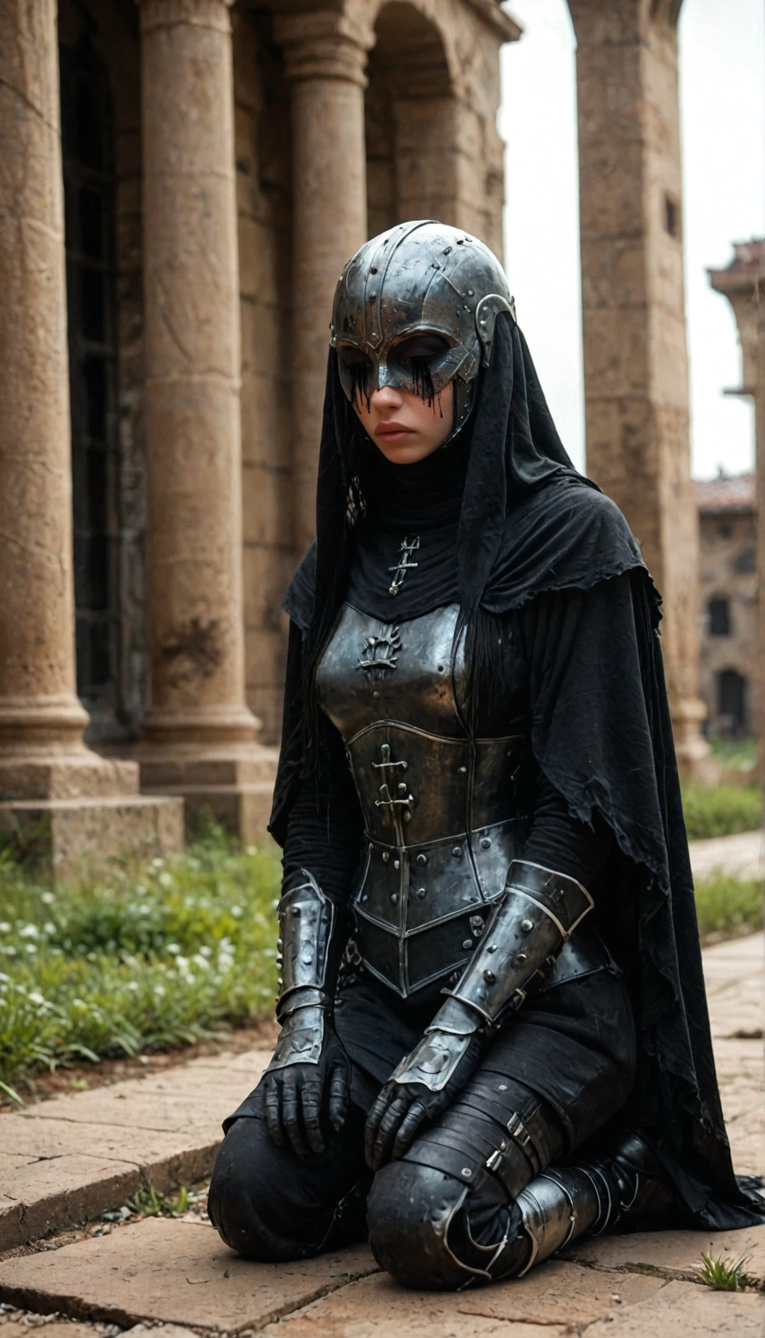 Stable_Yogis_PDXL_Positives female gothic sexbomb knight, portrait, kneeling, defeated, tired, gothic armor, open helmet, temple, reflections, highly detailed, film grain