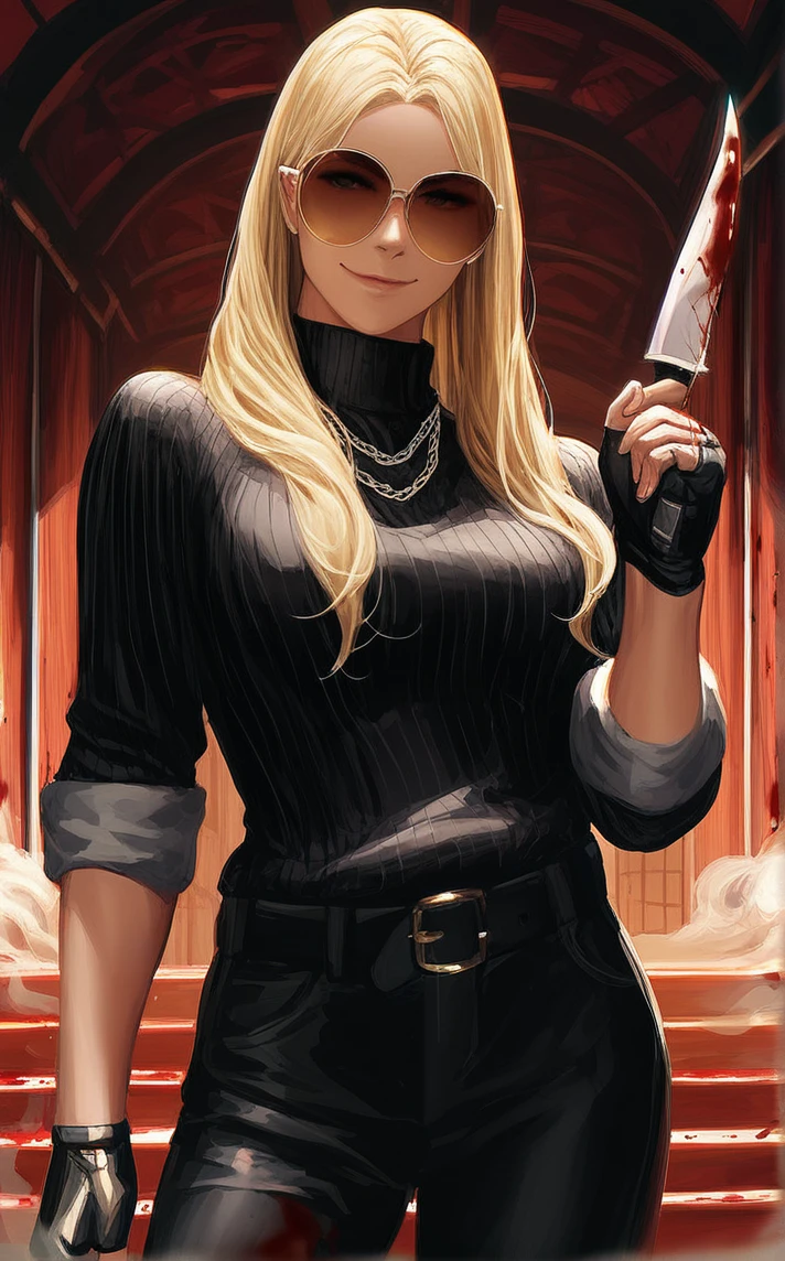 score_9, score_8_up, score_7_up,  <lora:STYLE_PONYXL_guweiz_ownwaifu:0.85>, BREAK 
STYLE_PONYXL_guweiz_ownwaifu, blond woman in black outfit holding a knife and a knife in her hand, 1girl, long hair, looking at viewer, smile, blue eyes, blonde hair, long sleeves, black gloves, closed mouth, jewelry, standing, holding weapon, cowboy shot, black pants, indoors, black belt, fingerless gloves, ribbed sweater, blood, turtleneck sweater, chain necklace, sunglasses, belt buckle, sleeves rolled up, smoke, round eyewear, holding cigarette, holding knife, black sweater