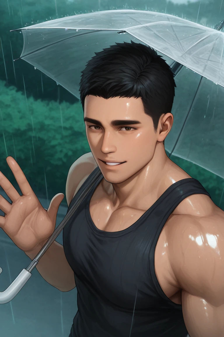 anime coloring, subsurface scattering, realistic shading, natural lighting, raining, sunshower, sunray, sunny, summer theme, holding umbrella, 1hand waving, male focus, looking at viewer, expressive face, hornersc, black_hornersc_short hair, black_hornersc_eyes, 1boy, shiny skin, sweet smile, summer clothes, tank top, outdoors, road, bush, from above, dynamic angle, intricately detailed illustration, depth of field, masterpiece, best quality, amazing quality, very aesthetic, absurdres, newest