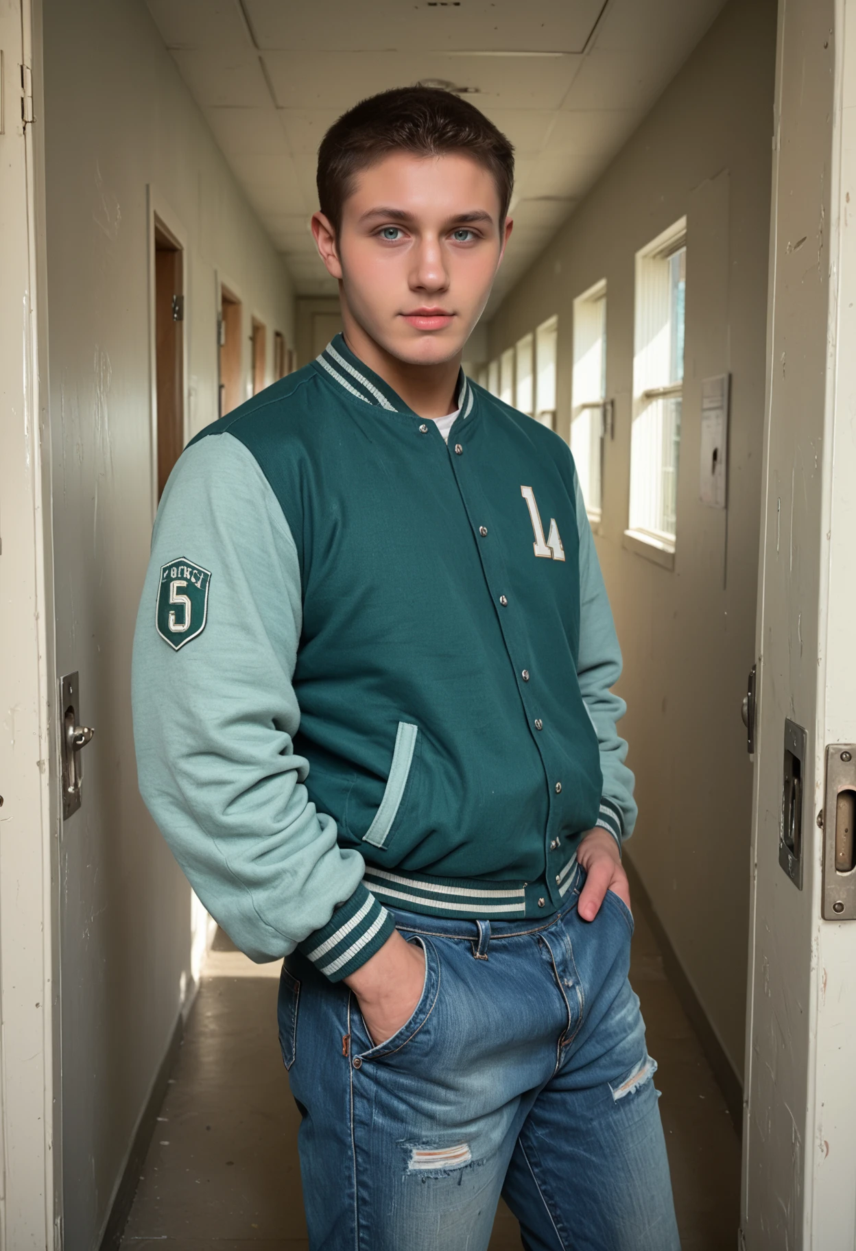 score_9, score_8_up, score_7_up, score_6_up, realistic, photorealistic, highly detailed, looking at viewer, <lora:xl_joey_landis-09:0.8> joeyperson wearing teal letterman jacket and jeans <lora:letterman-jacket-ponyxl-lora-nochekaiser:1>, hallway, lockers, sunlight filtering through windows