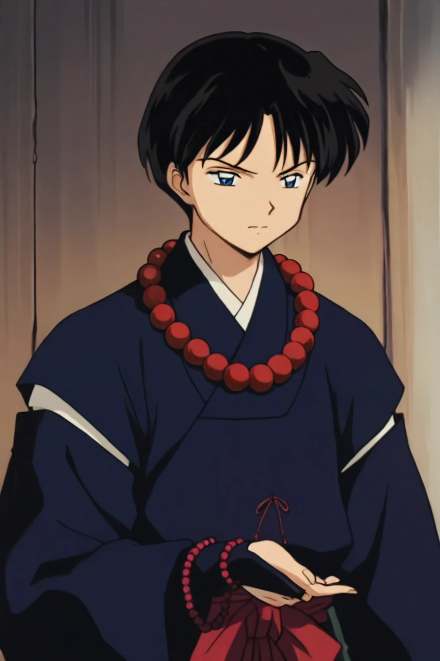 miroku , miroku (inuyasha), black hair, short hair, blue eyes, bridal gauntlets , japanese clothes, prayer beads , monk,  1boy, solo, alone,  <lora:inuyasha_style_illustriousXL:0.8>, inuyasha_style,  masterpiece, highres