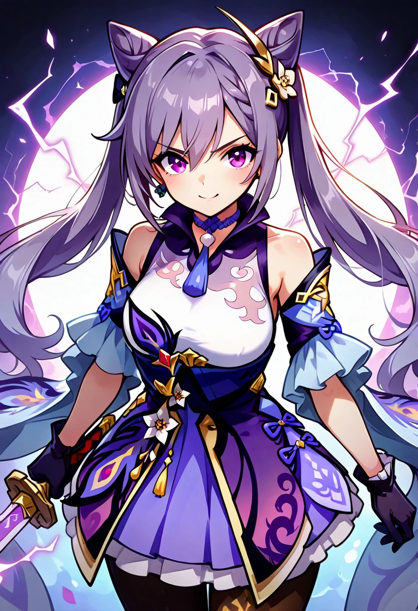 zzKeqing, purple eyes, hair between eyes, cone hair bun, hair bun, hair ornament, long hair, purple hair, twintails, double bun,    black pantyhose, dress, bare shoulders, detached sleeves, gloves, frills, skirt,
purple electricity, sword, foreshortening, 
,cowboy shot, medium breasts, curvy, smile, looking at viewer, pretty background, dynamic pose,