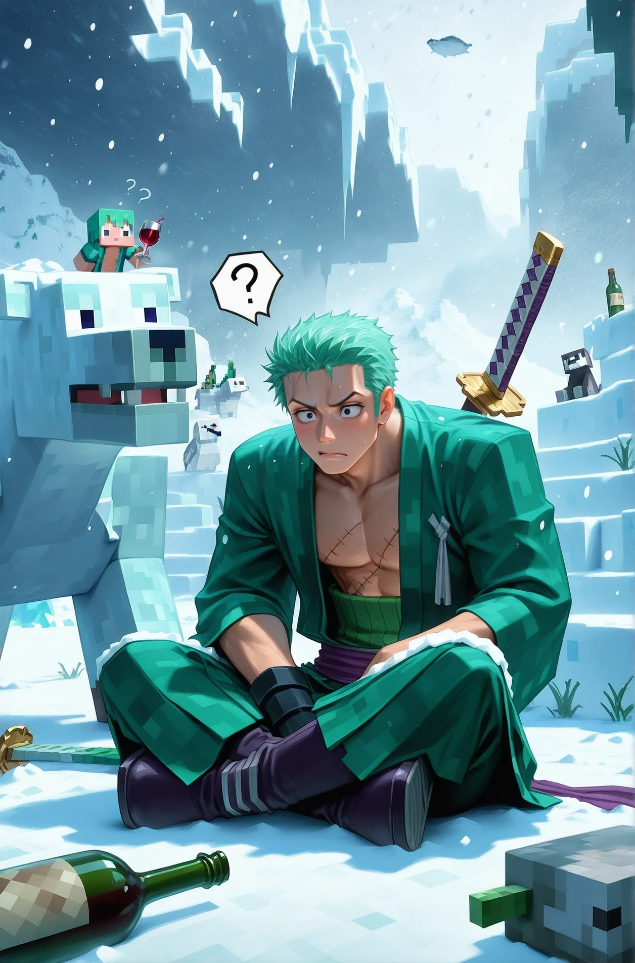 masterpiece, best quality,
<lora:minecraft filter [IL]_1:1.2> minecraft filter,
roronoa_zoro, one_piece, 1boy, green_hair, black_eyes, darj green kimono, iceberg, polar area, snowing, confused, sitting, sits, question mark, katanas, wine bottle on floor,