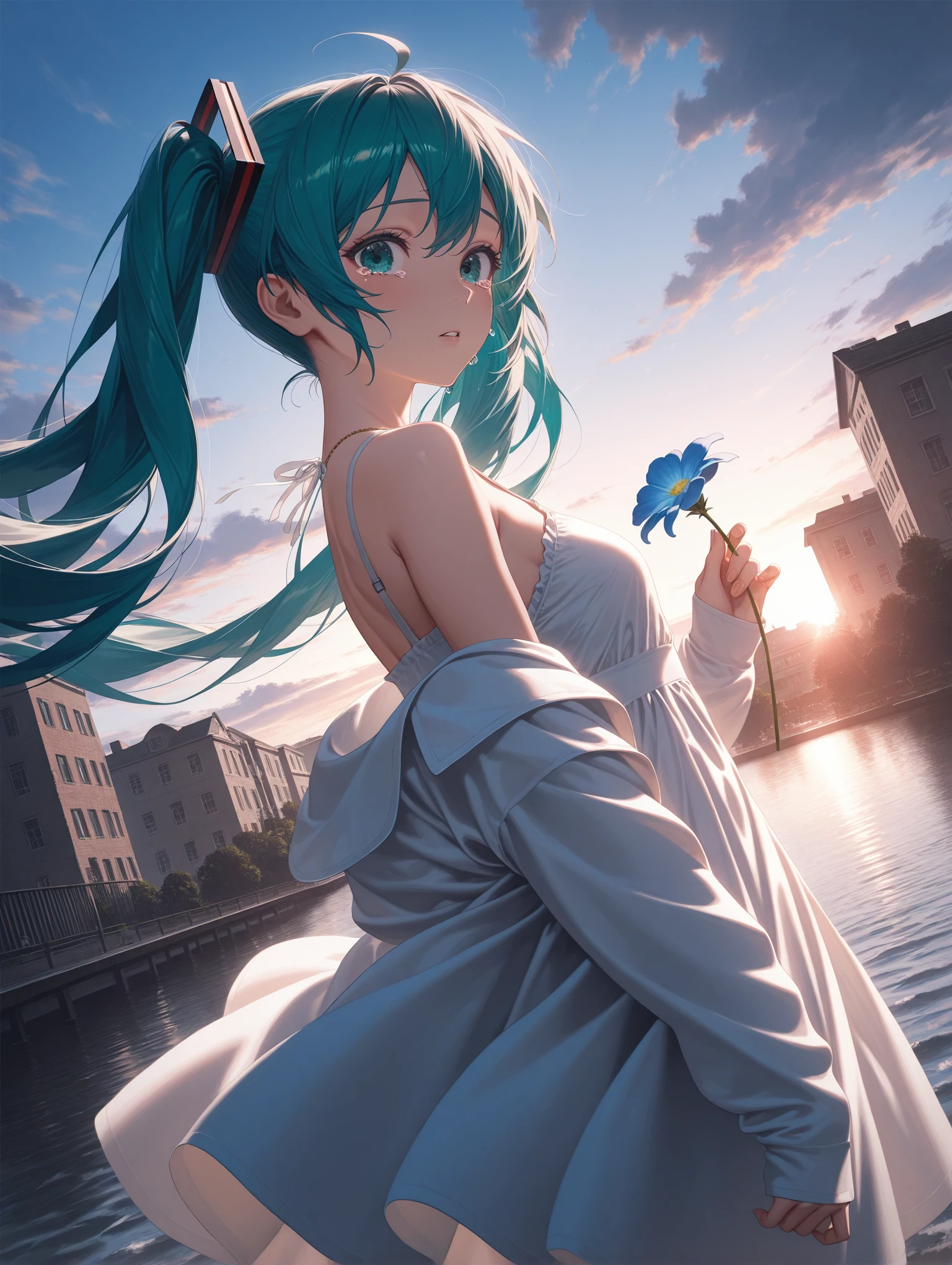 impactful picture,offcial art,movie perspective, (aos:0.5),(fajyobore:0.5),(chiaroscuro:0.5), 1girl, solo, holding flower, cloud, sky, backlighting, outdoors, dress, floating hair, ahoge, off shoulder, white flower, white dress, sleeves past wrists, jacket, hair ornament, looking at viewer, long sleeves, cloudy sky, parted lips, white jacket, building, jewelry, tears, water, open clothes, blue flower very aesthetic,, shirt, 1girl,hatsune_miku,from_side,dutch_angle,photorealistic,((porfect hand)),
masterpiece,best quality,amazing quality,very aesthetic,absurdres,newest,