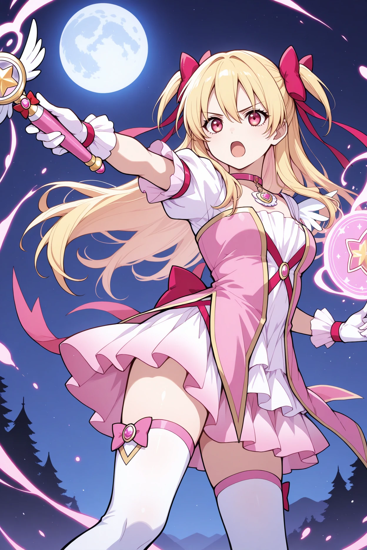 masterpiece, best quality, 1girl, solo, <lora:alisareinford-illu-nvwls-v1-000006:1> mgalisa, blonde hair, two side up, red eyes, hair bow, magical girl, pink collar, pink and white dress, white thighhighs, peace sign, serious, open mouth, holding magic wand, pink sparkles, magic, night sky, moon, dynamic pose, from side