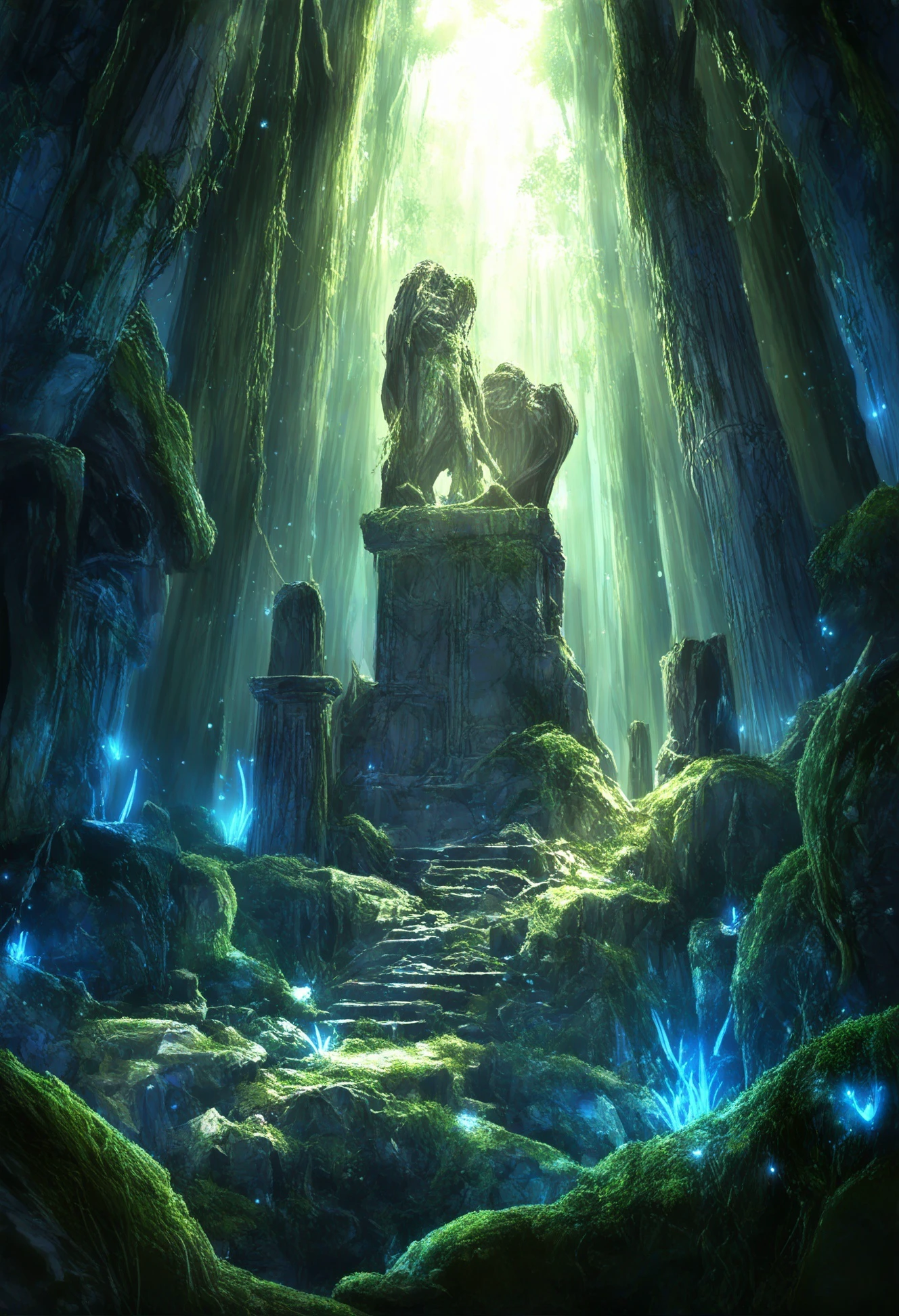 no humans, scenery, plant, nature, statue, pillar, grass, moss, forest, vines, glowing, tree, ruins, crack, sunlight, light particles